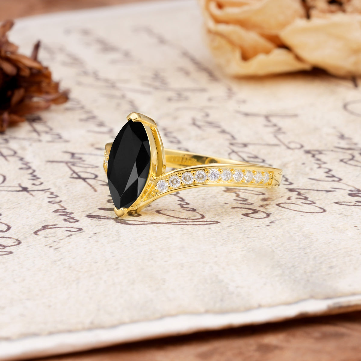 Unique Classic 2-Prong Marquise Cut Black Onyx Engagement Ring - Additional view