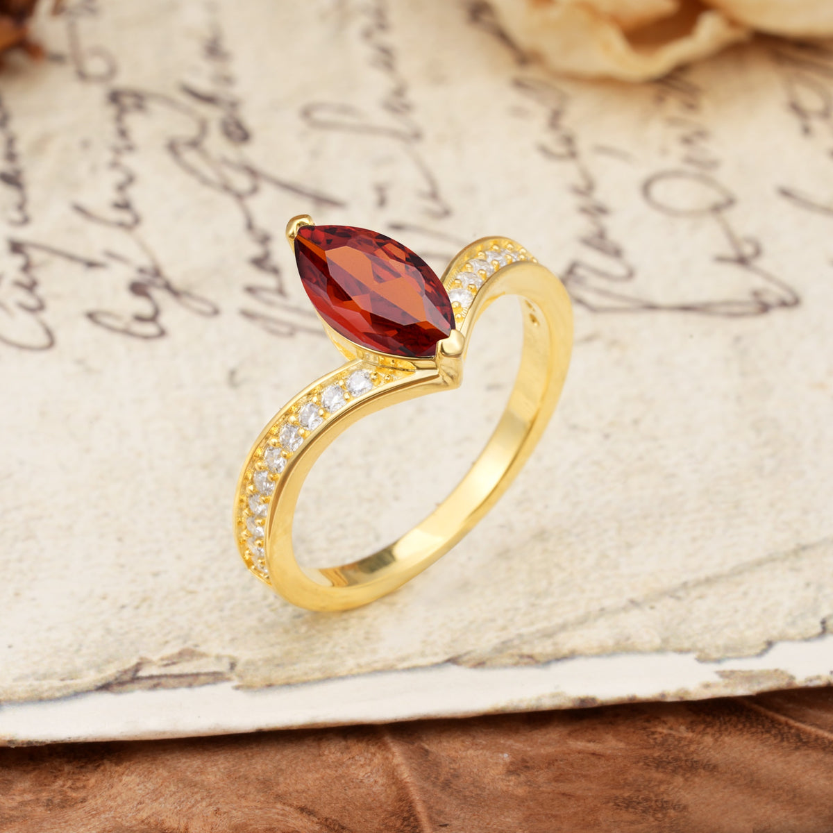 Unique Classic 2-Prong Marquise Cut Garnet Engagement Ring - Additional view