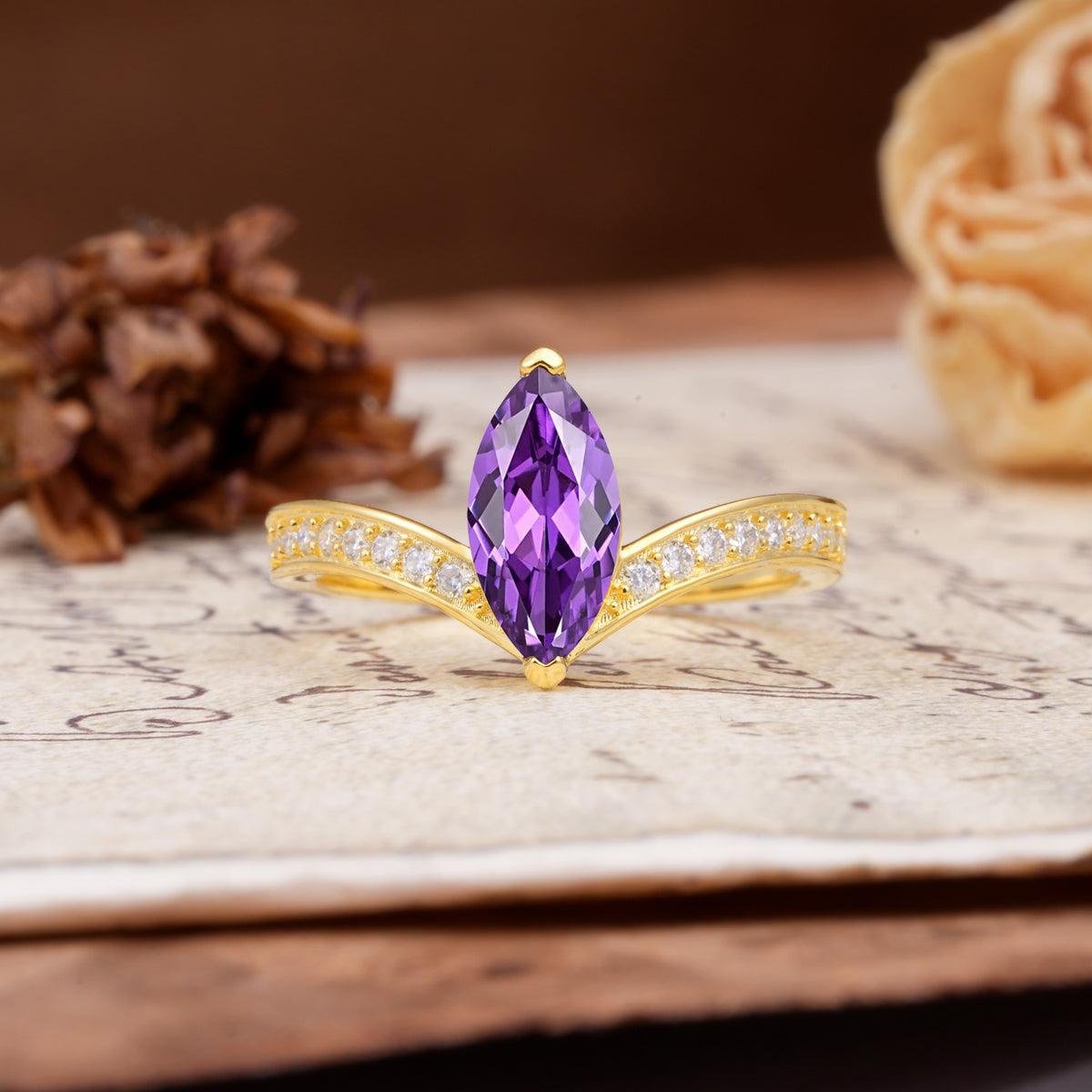 Unique Classic 2-Prong Marquise Cut Amethyst Engagement Ring - Additional view