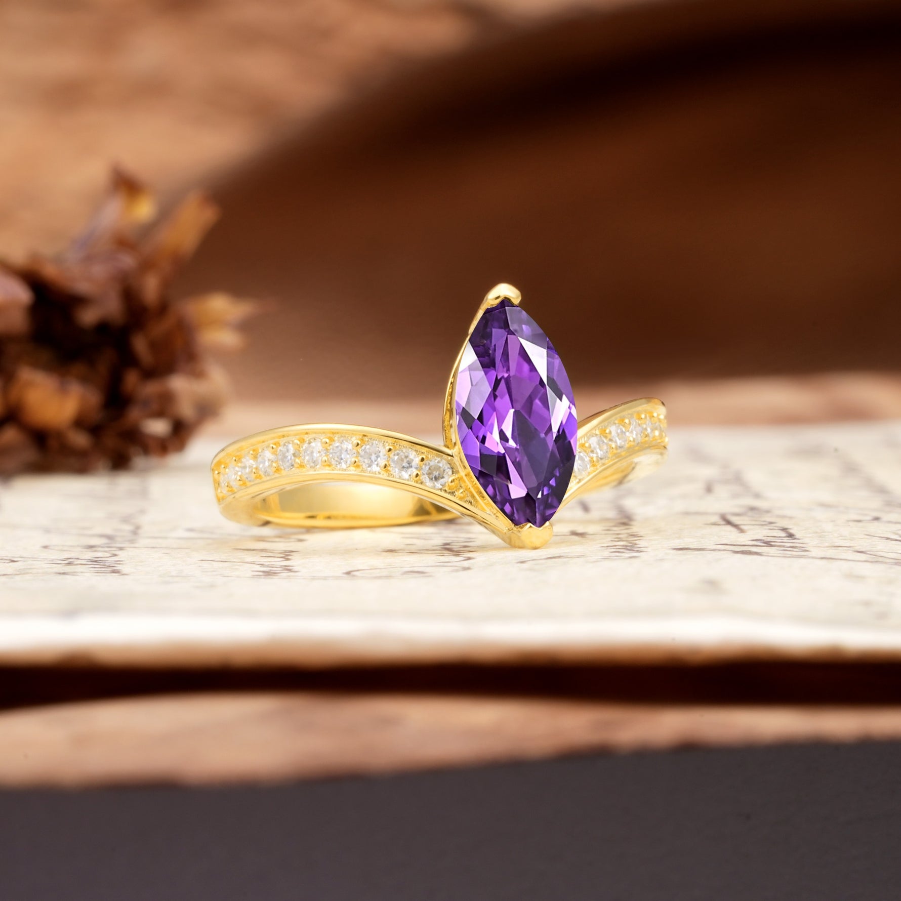 Unique Classic 2-Prong Marquise Cut Amethyst Engagement Ring - Additional view