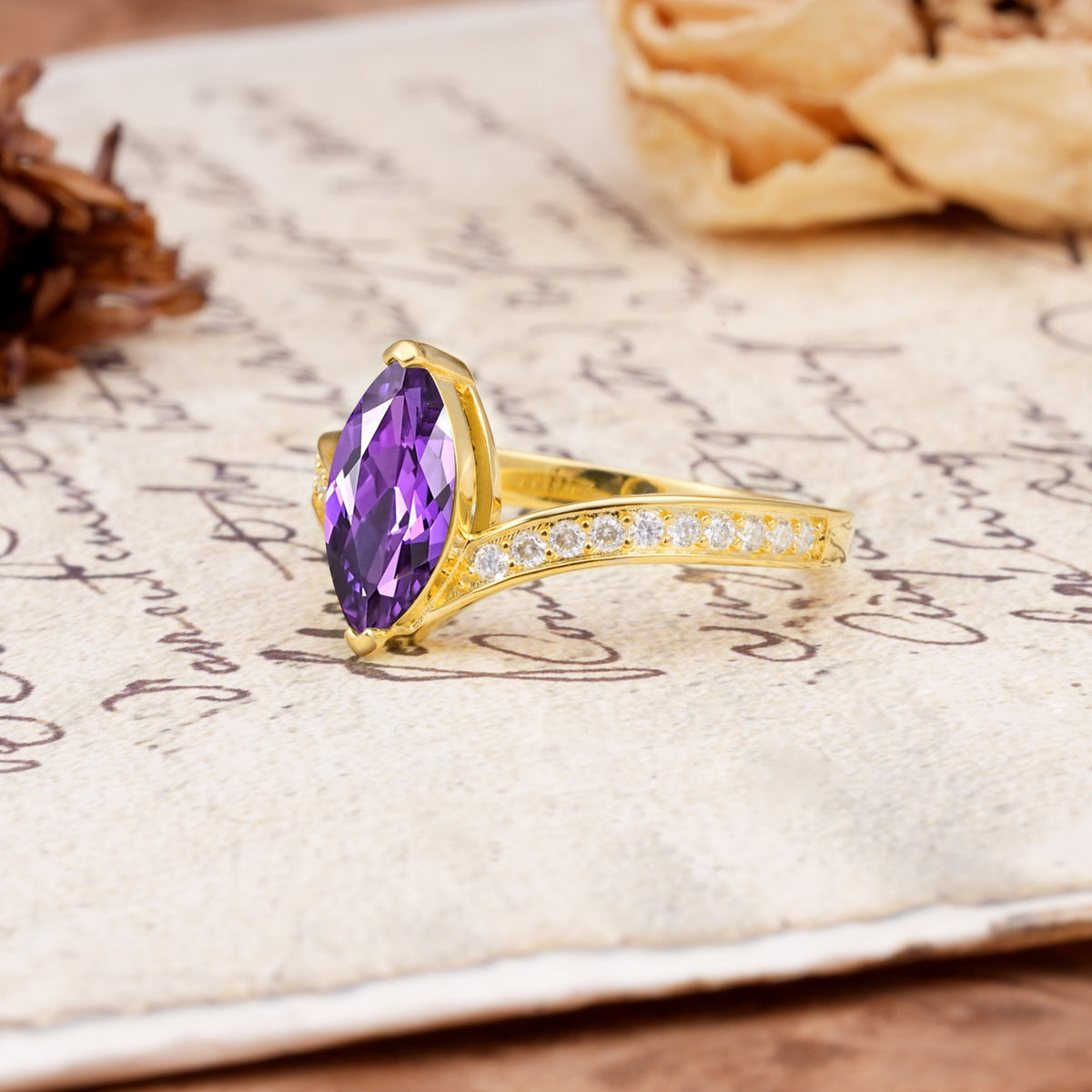 Unique Classic 2-Prong Marquise Cut Amethyst Engagement Ring - Additional view