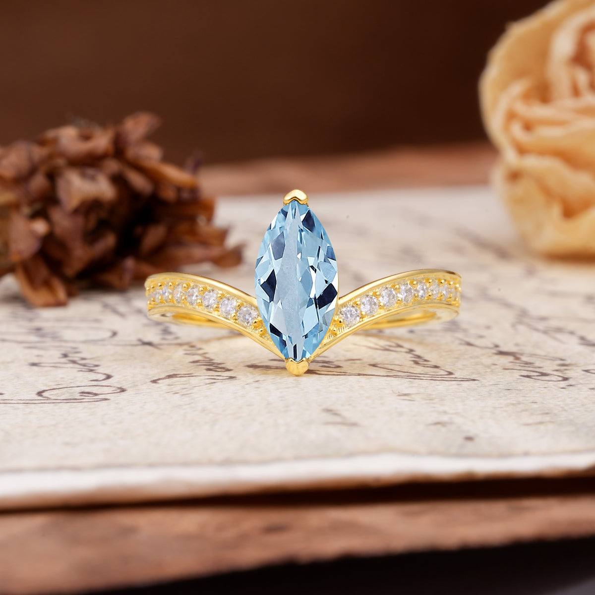Unique Classic 2-Prong Marquise Cut Aquamarine Engagement Ring - Additional view