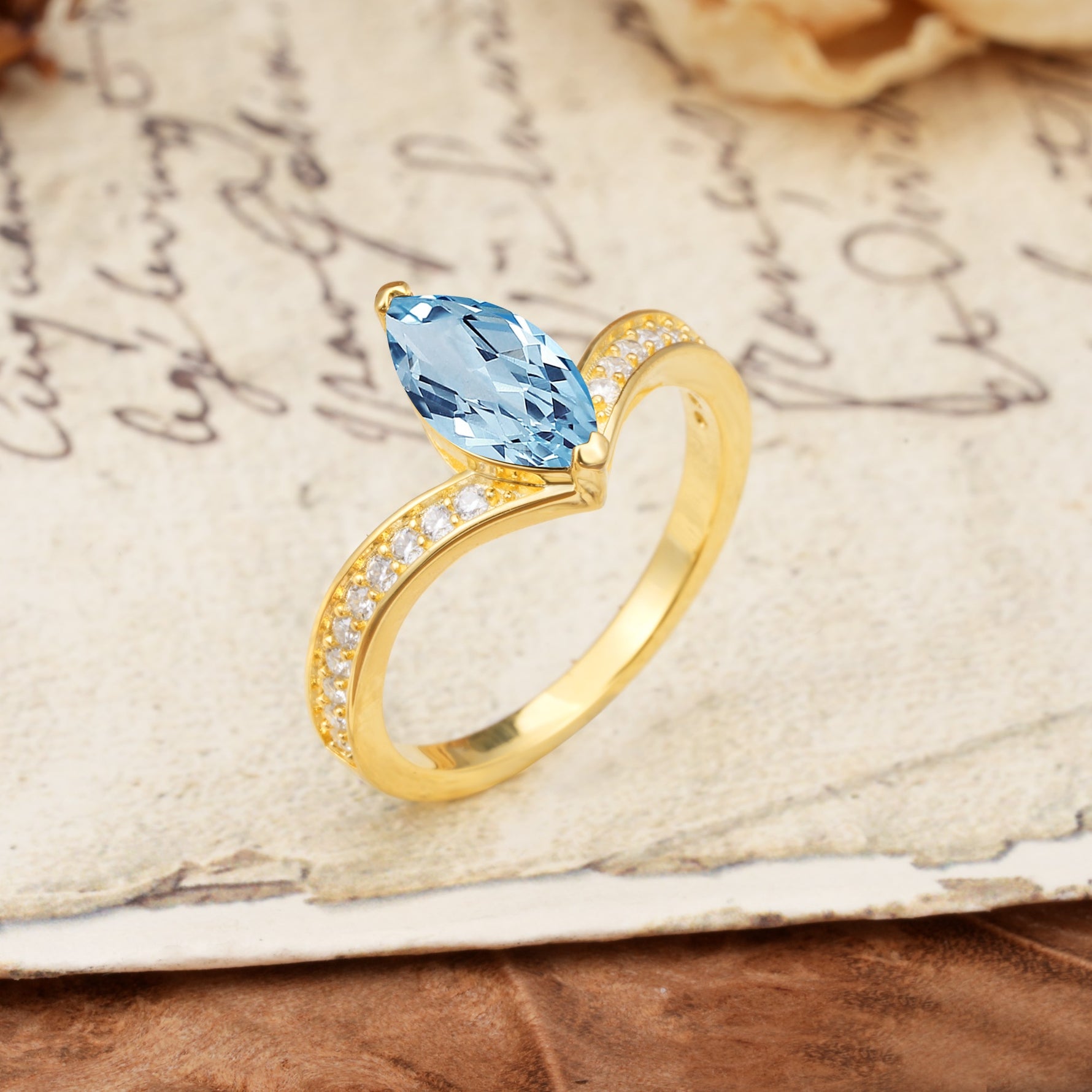 Unique Classic 2-Prong Marquise Cut Aquamarine Engagement Ring - Additional view