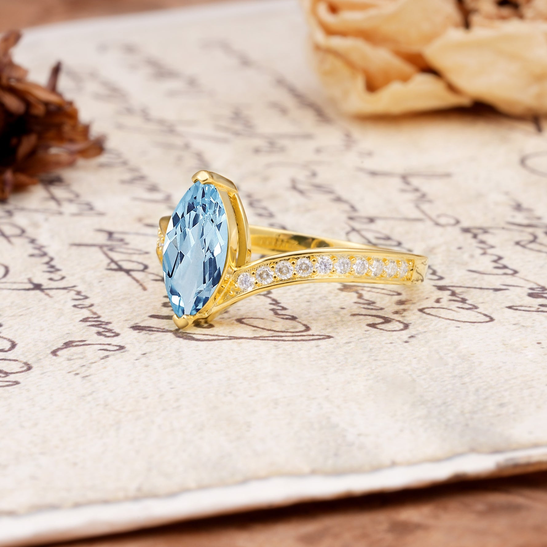 Unique Classic 2-Prong Marquise Cut Aquamarine Engagement Ring - Additional view