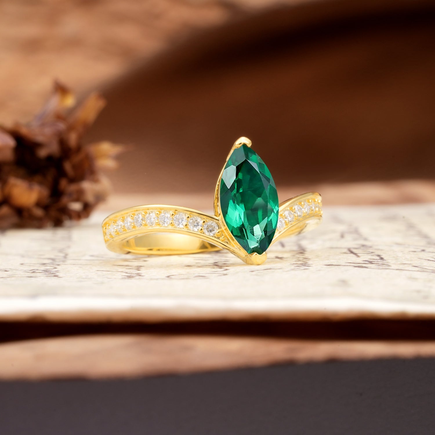 Unique Classic 2-Prong Marquise Cut Emerald Engagement Ring - Additional view
