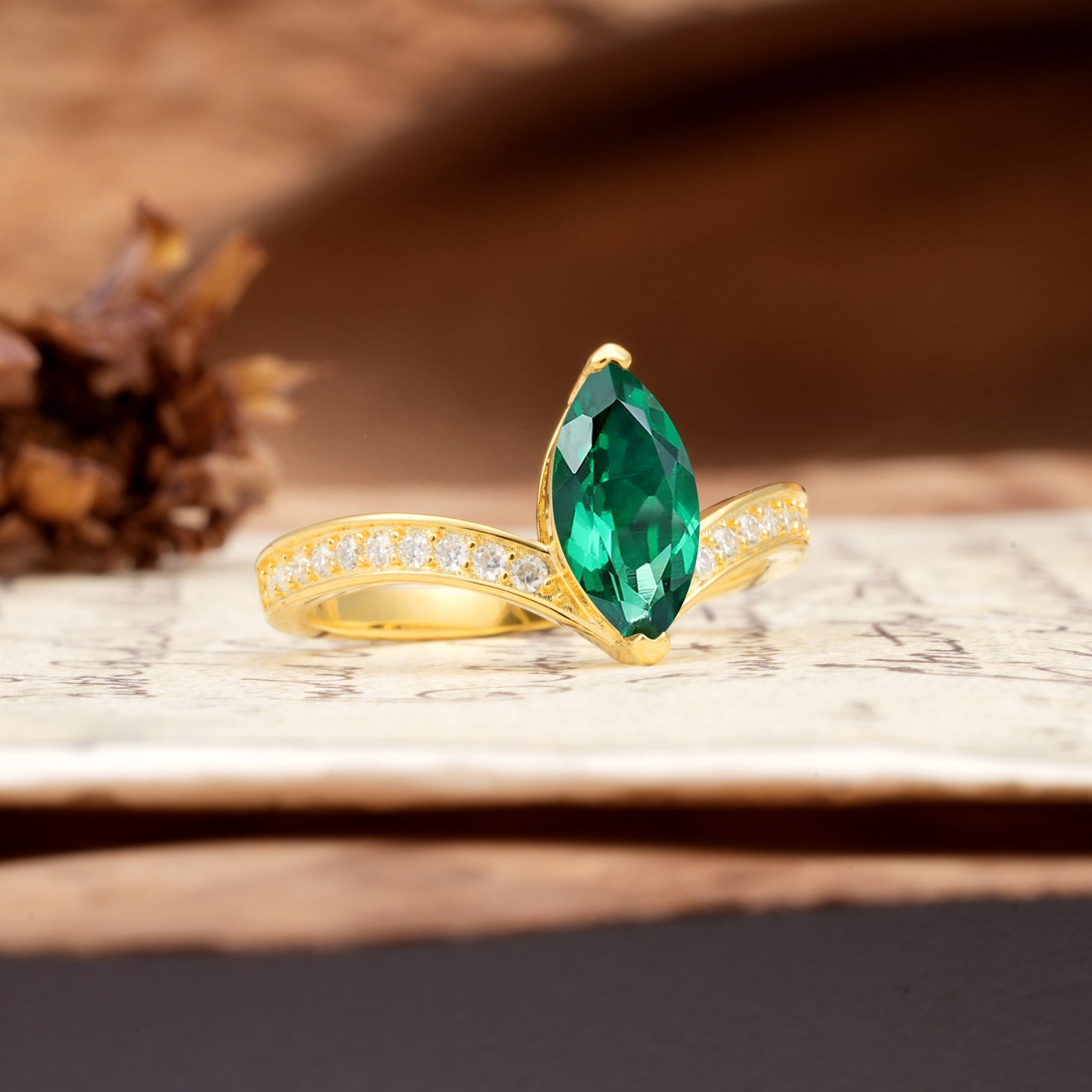 Unique Classic 2-Prong Marquise Cut Emerald Engagement Ring - Additional view