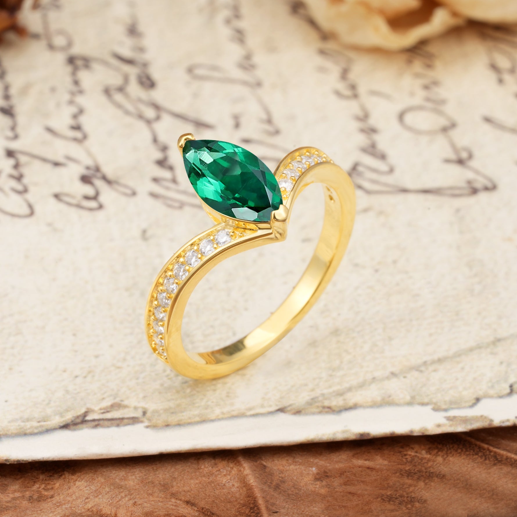 Unique Classic 2-Prong Marquise Cut Emerald Engagement Ring - Additional view