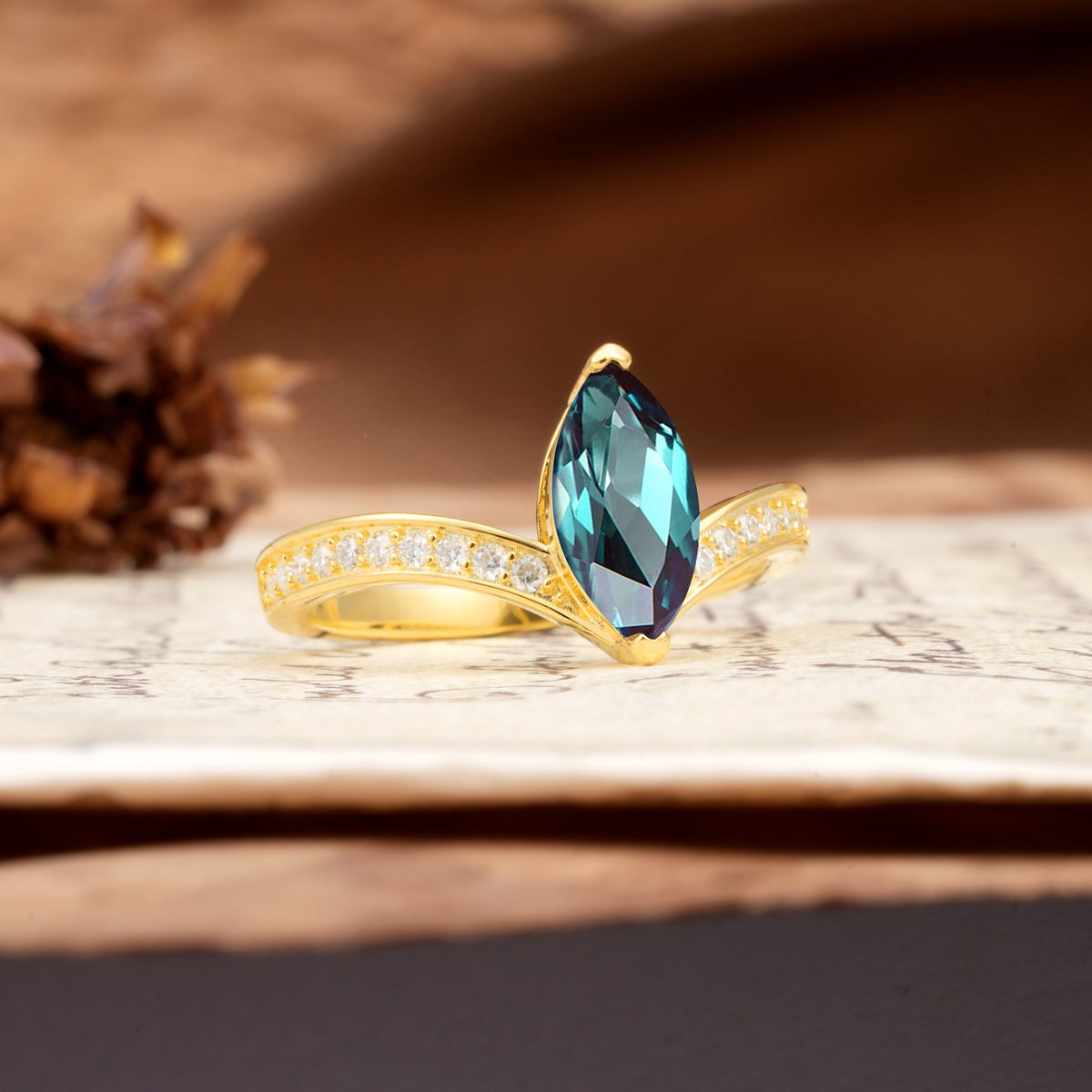 Unique Classic 2-Prong Marquise Cut Alexandrite Engagement Ring - Additional view