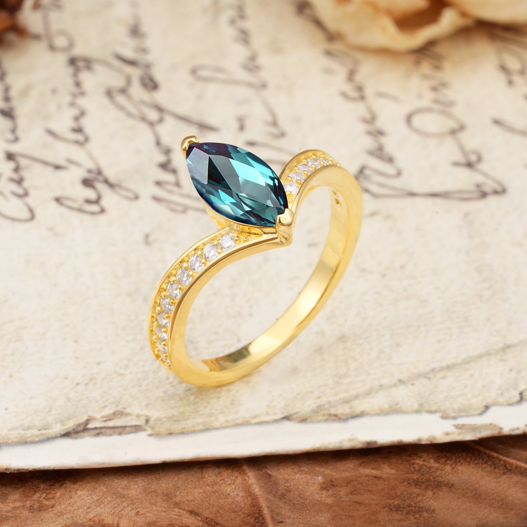Unique Classic 2-Prong Marquise Cut Alexandrite Engagement Ring - Additional view