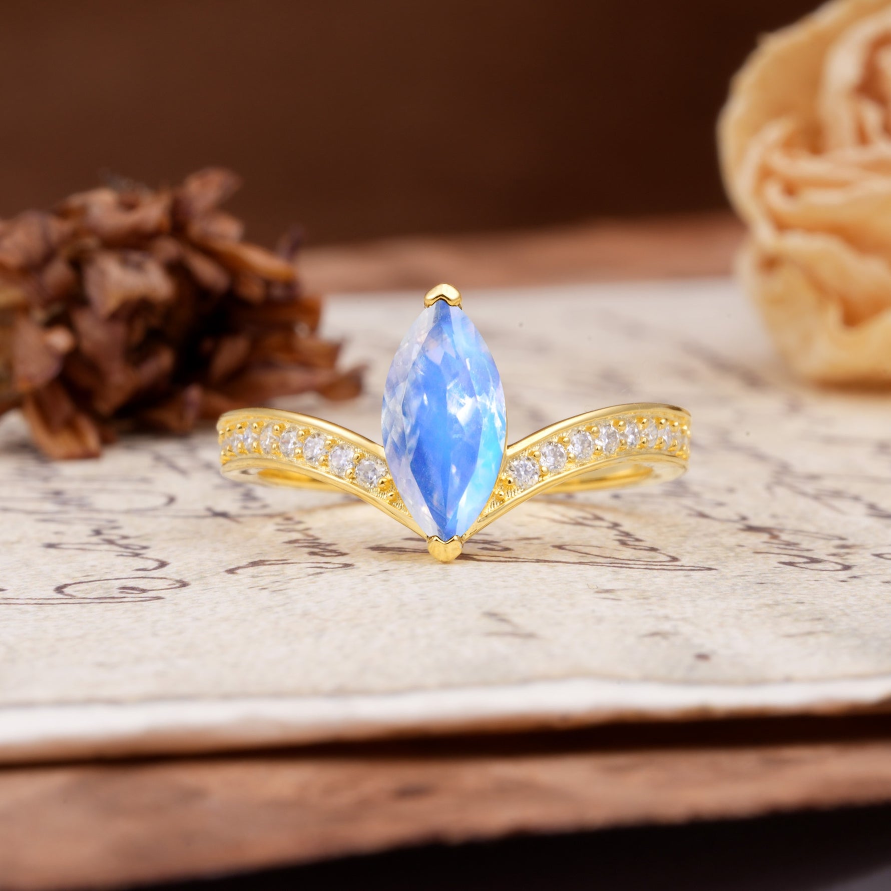 Unique Classic 2-Prong Marquise Cut Moonstone Engagement Ring - Additional view