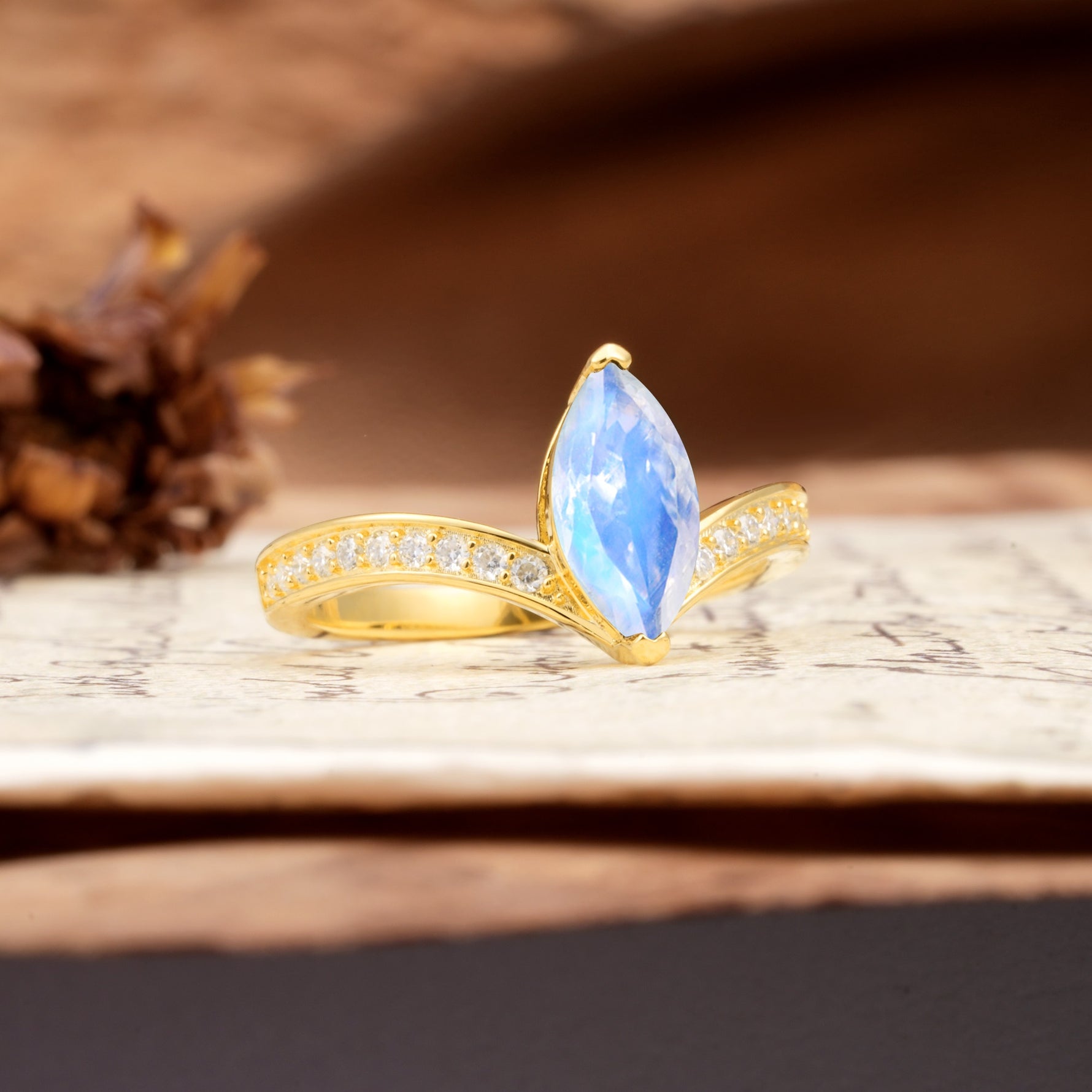 Unique Classic 2-Prong Marquise Cut Moonstone Engagement Ring - Additional view