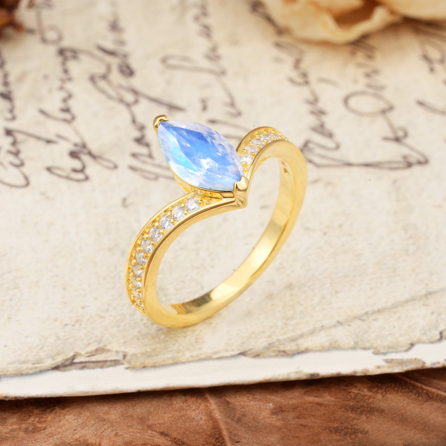 Unique Classic 2-Prong Marquise Cut Moonstone Engagement Ring - Additional view