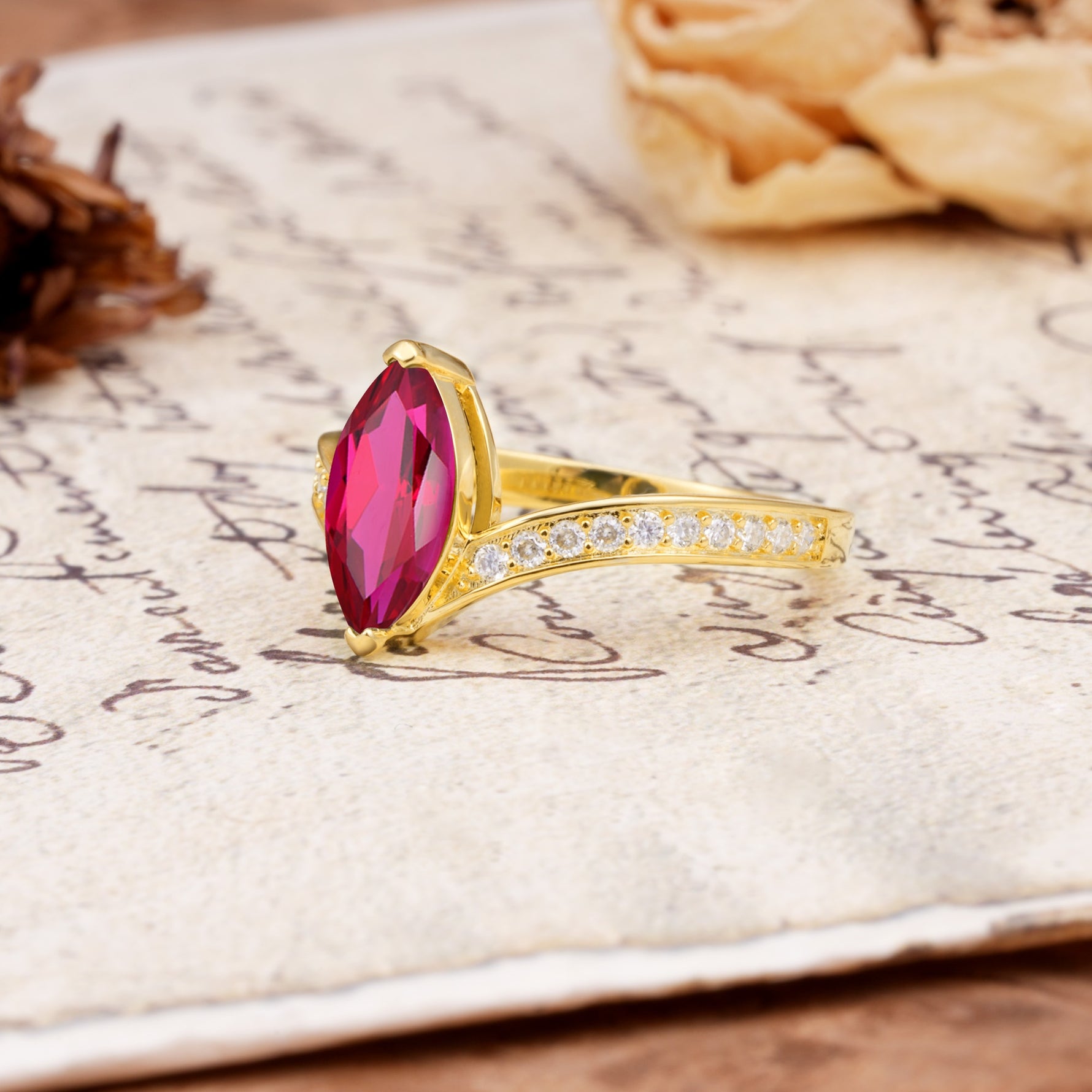 Unique Classic 2-Prong Marquise Cut Ruby Engagement Ring - Additional view