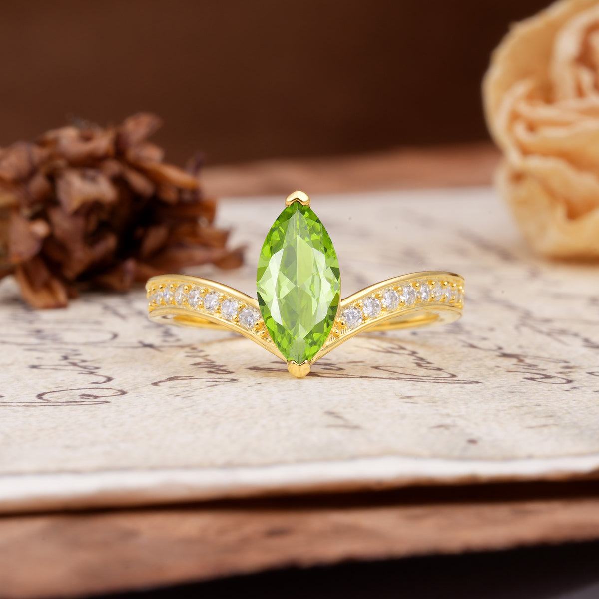 Unique Classic 2-Prong Marquise Cut Peridot Engagement Ring - Additional view