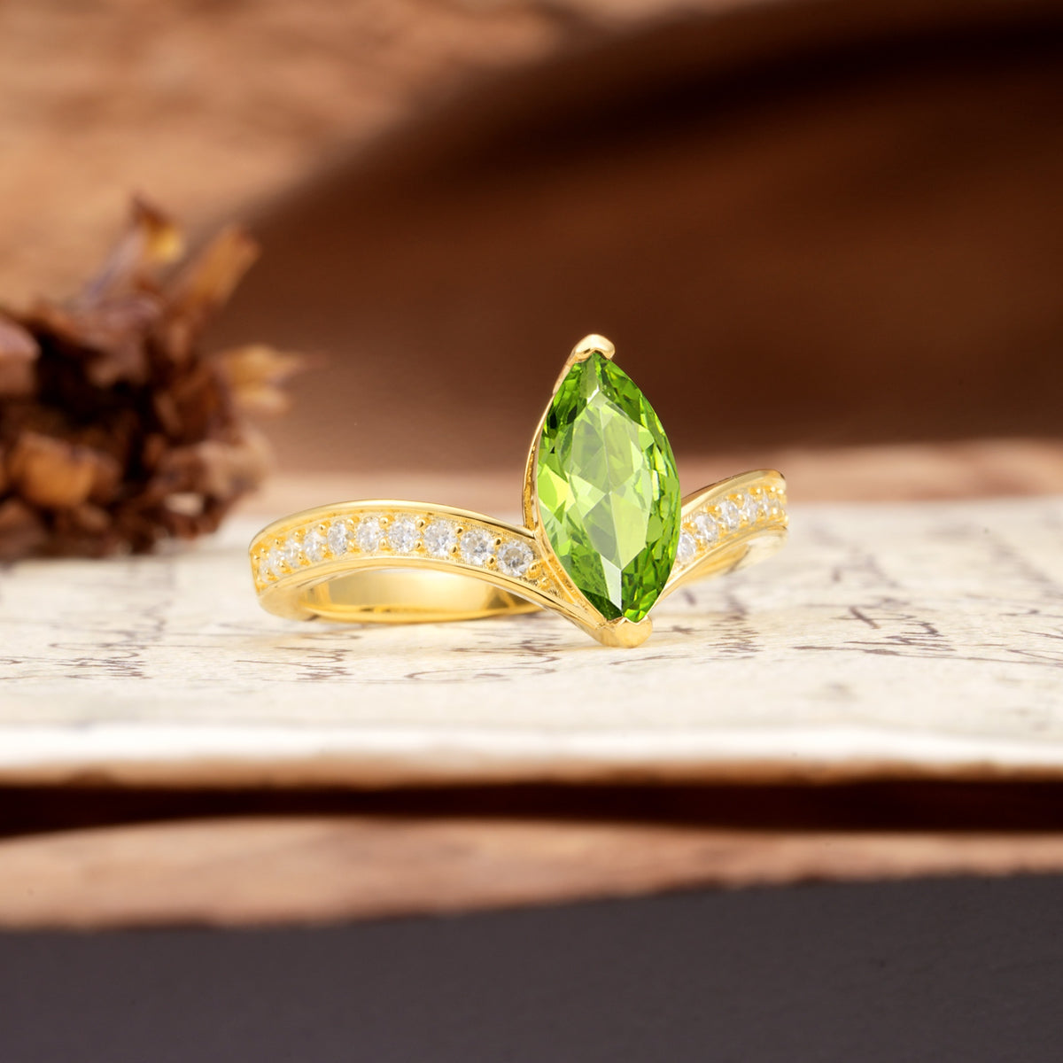 Unique Classic 2-Prong Marquise Cut Peridot Engagement Ring - Additional view