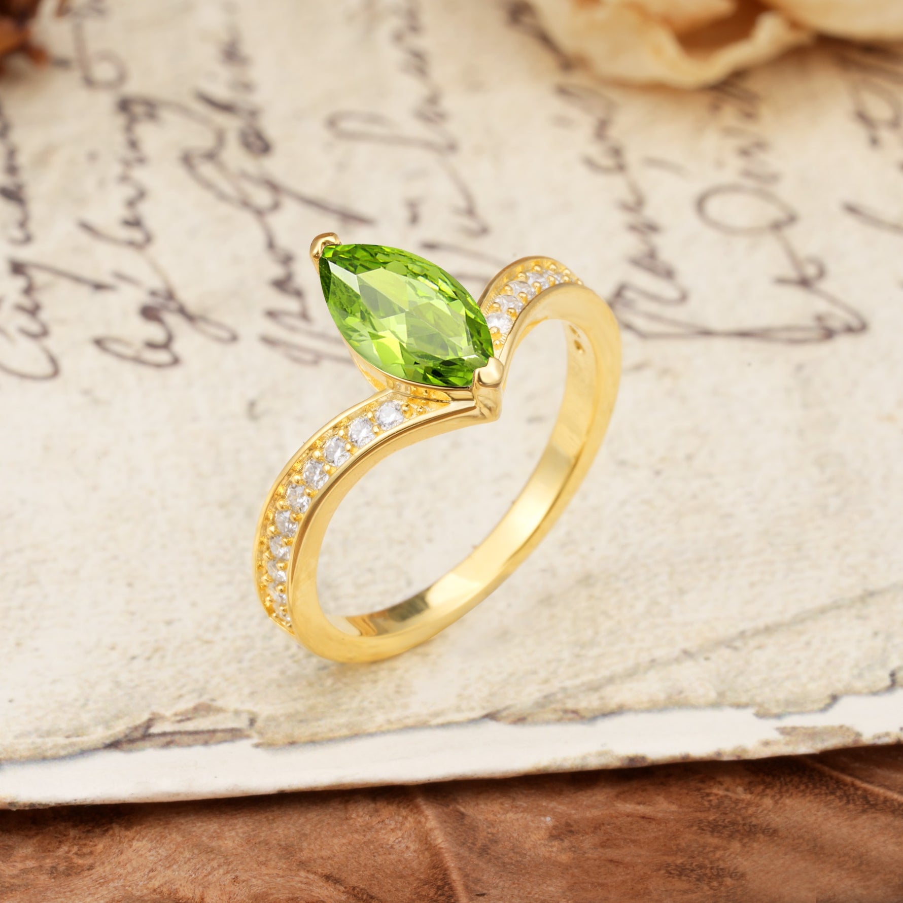 Unique Classic 2-Prong Marquise Cut Peridot Engagement Ring - Additional view