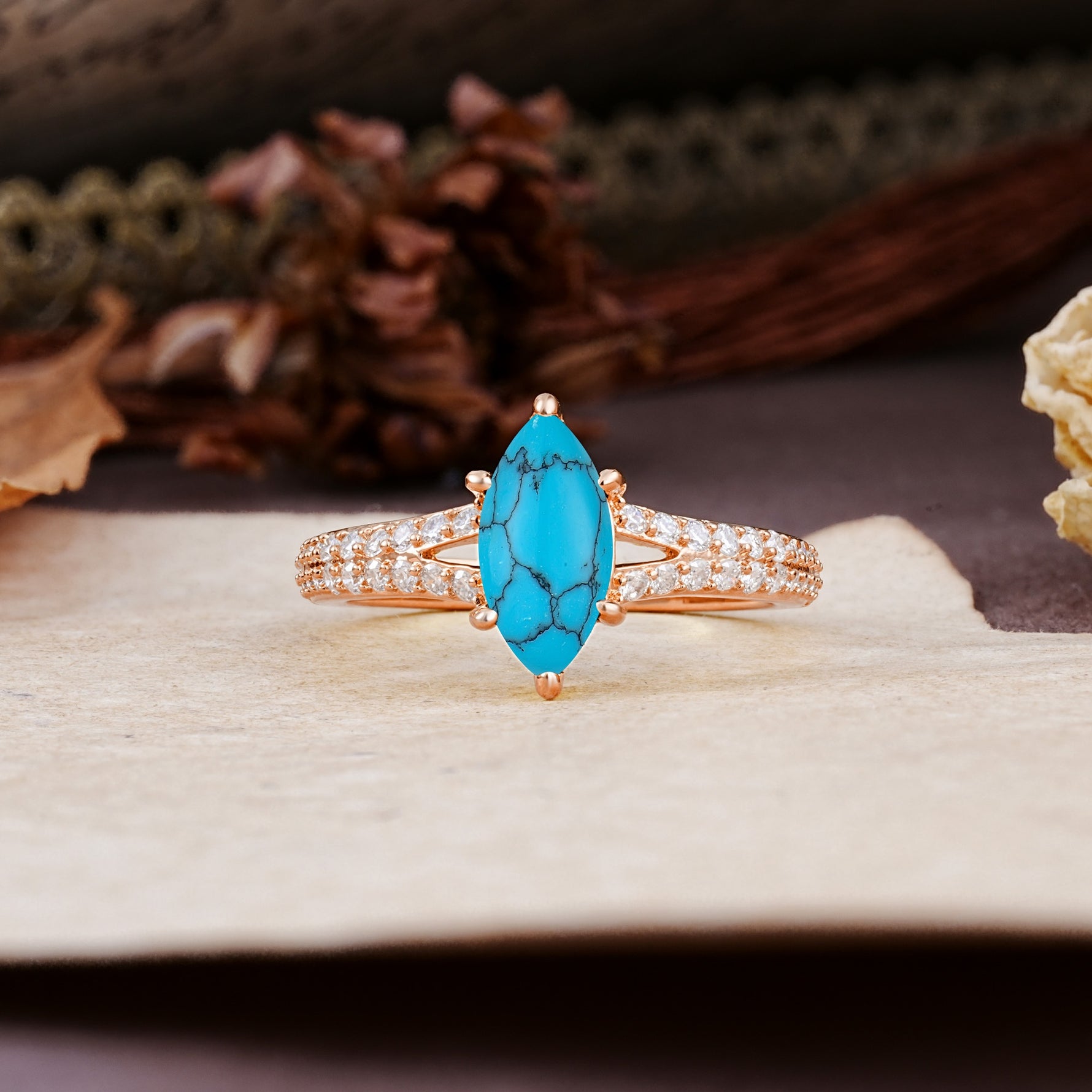 Classic, Luxurious 6-Prong Marquise Cut Turquoise Engagement Ring - Additional view
