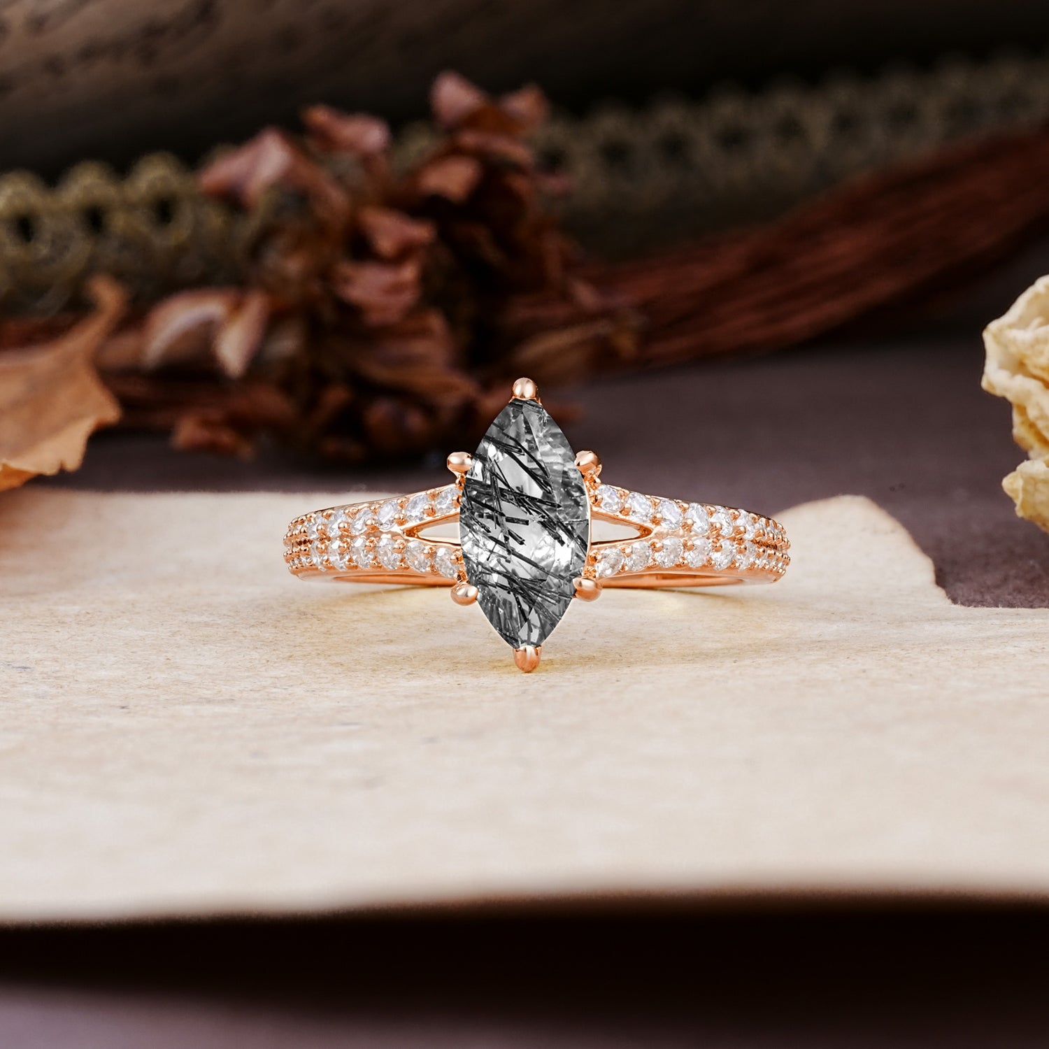 Classic, Luxurious 6-Prong Marquise Cut Black Rutilated Quartz Engagement Ring - Additional view