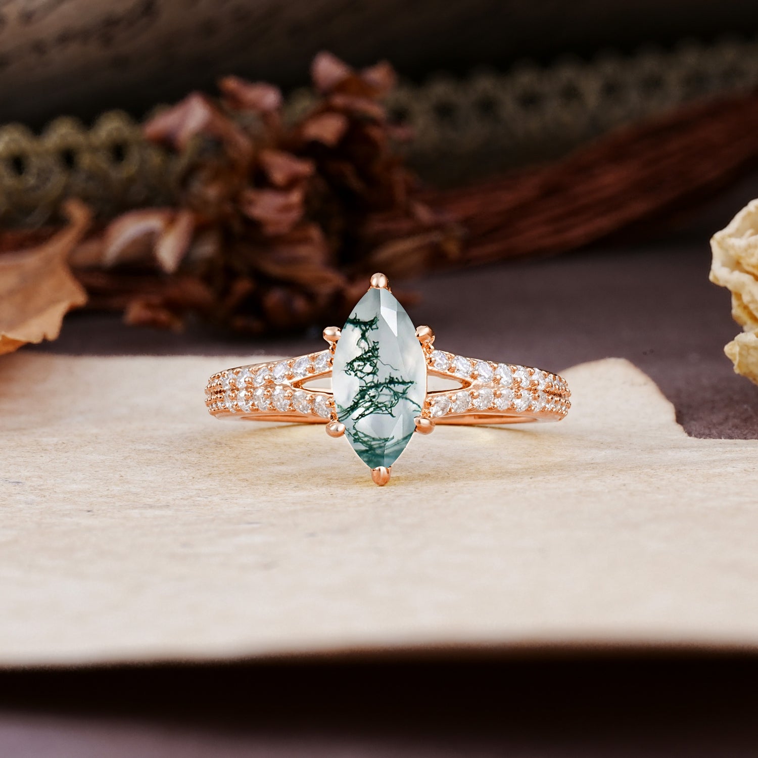 Classic, Luxurious 6-Prong Marquise Cut Moss Agate Engagement Ring - Additional view