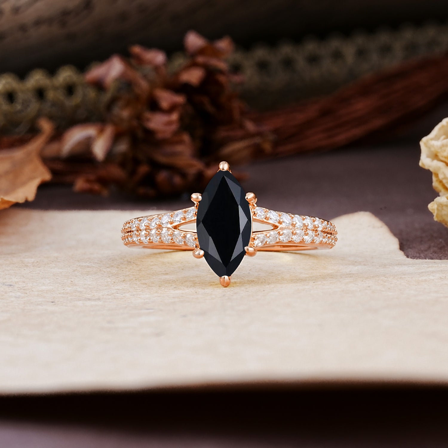 Classic, Luxurious 6-Prong Marquise Cut Black Onyx Engagement Ring - Additional view