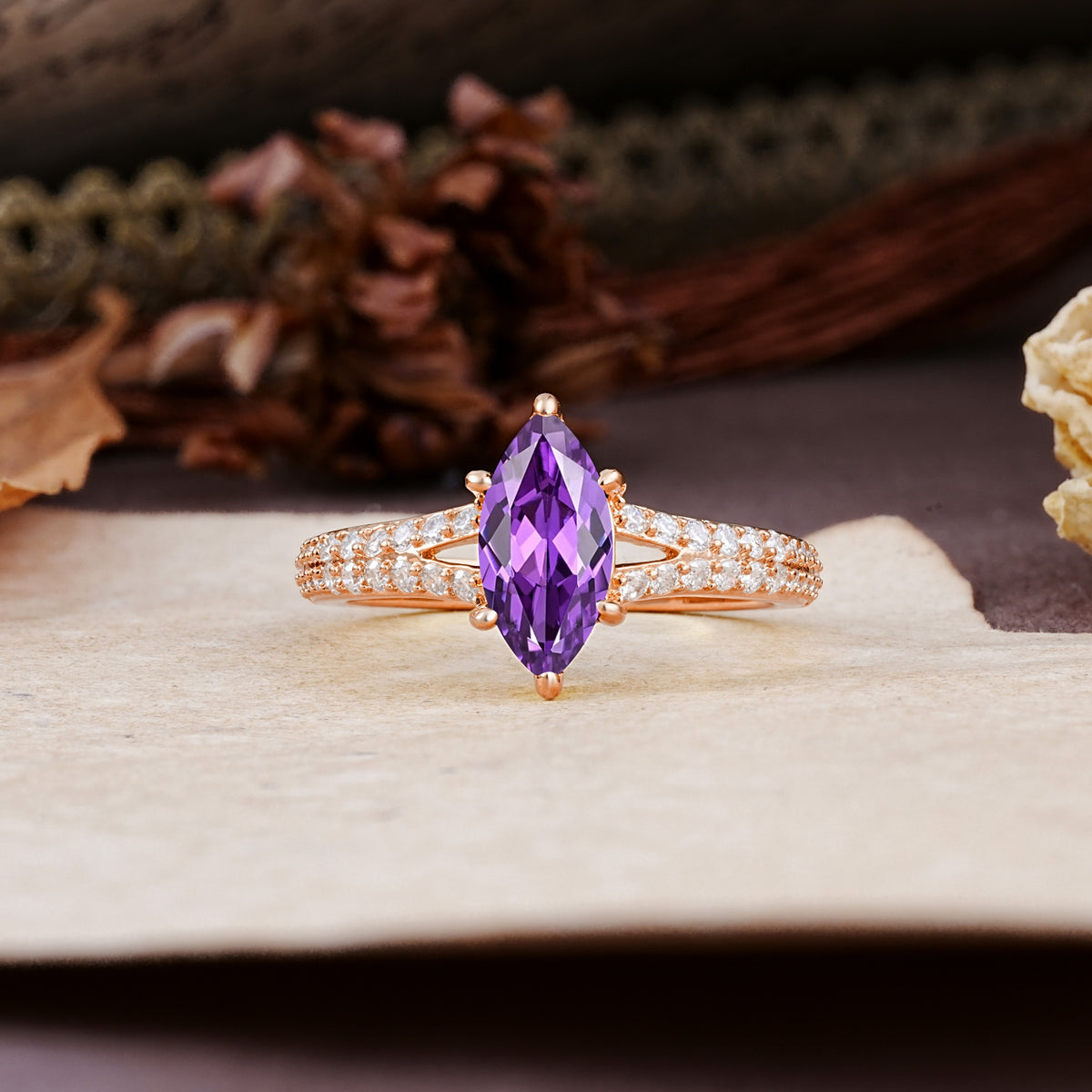 Classic, Luxurious 6-Prong Marquise Cut Amethyst Engagement Ring - Additional view