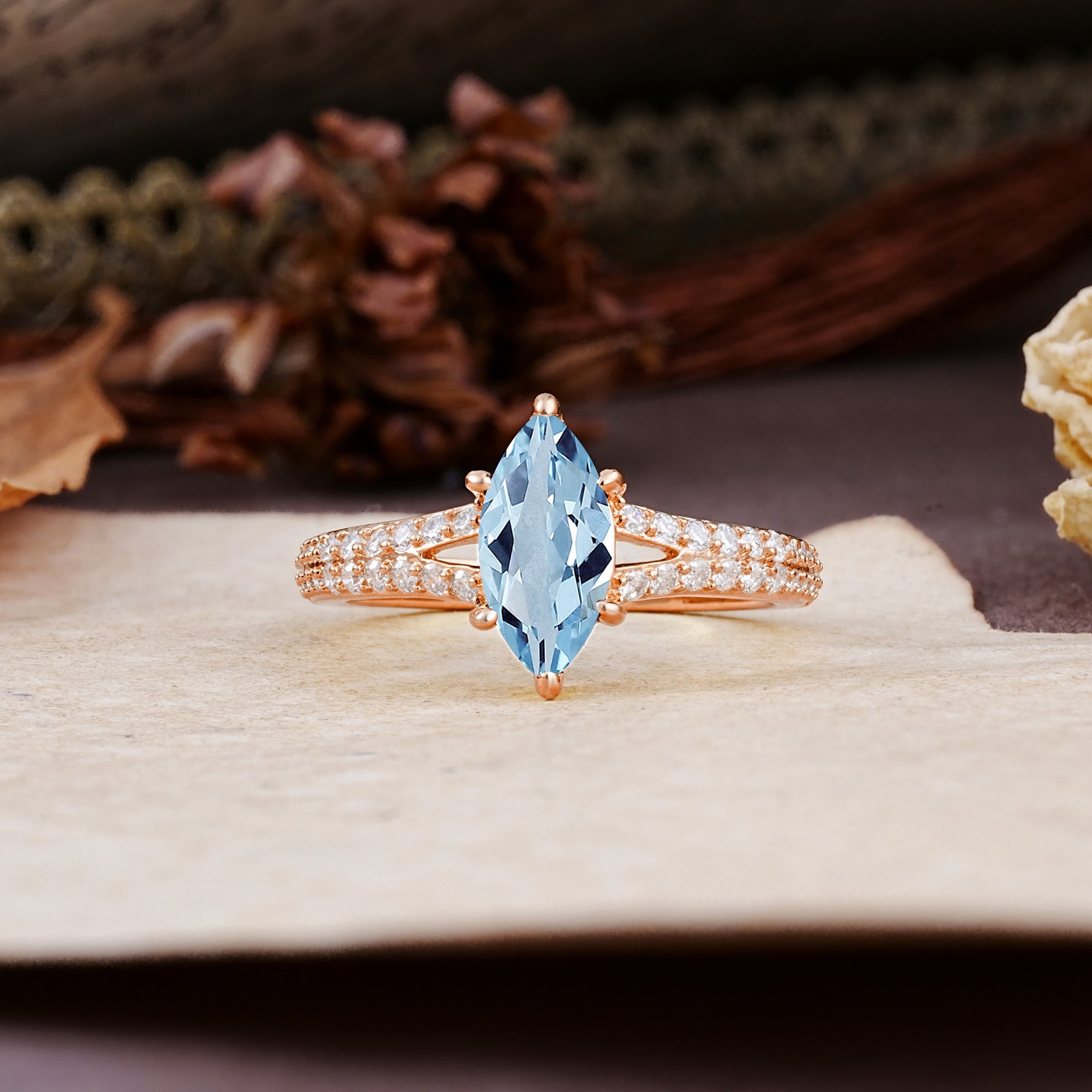 Classic, Luxurious 6-Prong Marquise Cut Aquamarine Engagement Ring - Additional view
