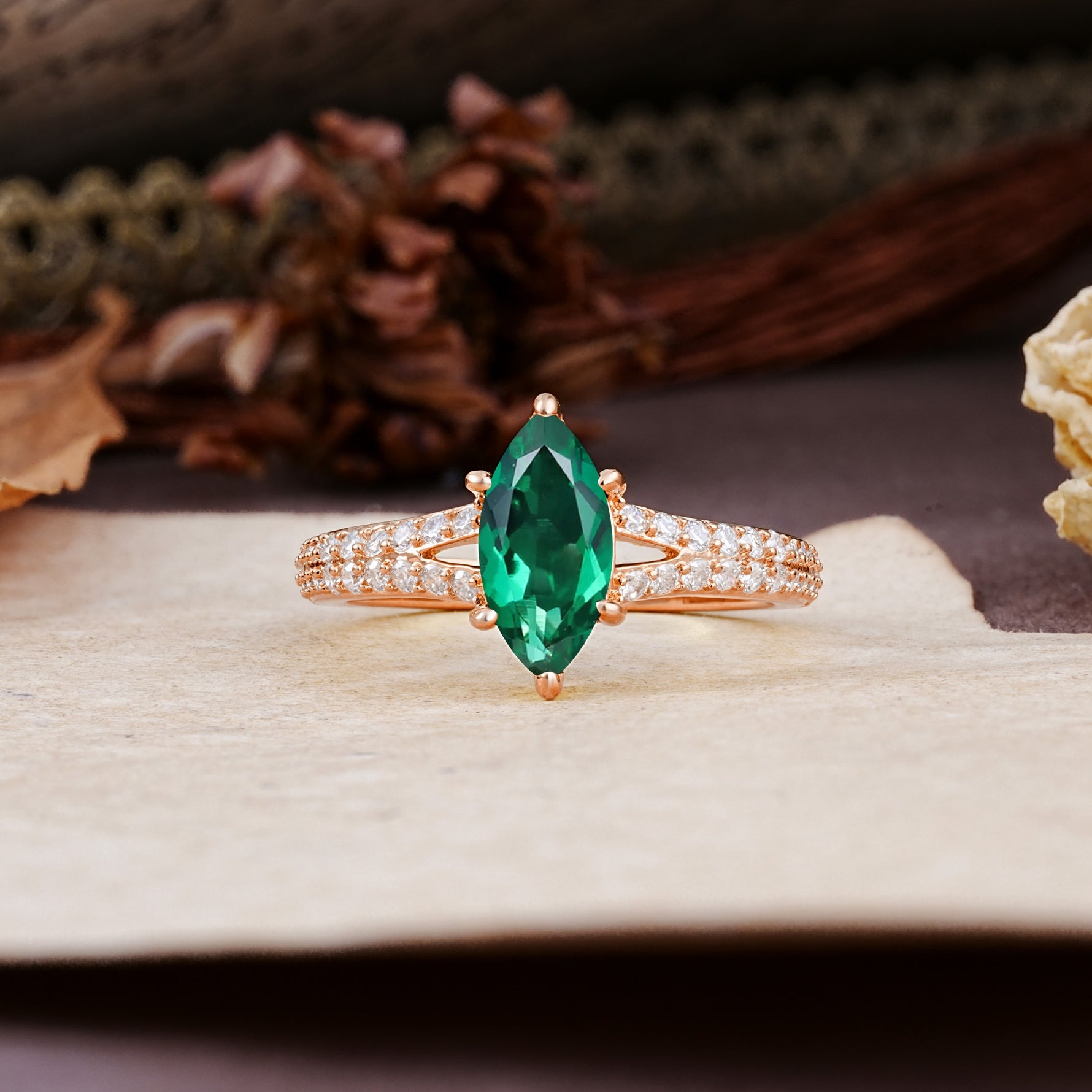 Classic, Luxurious 6-Prong Marquise Cut Emerald Engagement Ring - Additional view