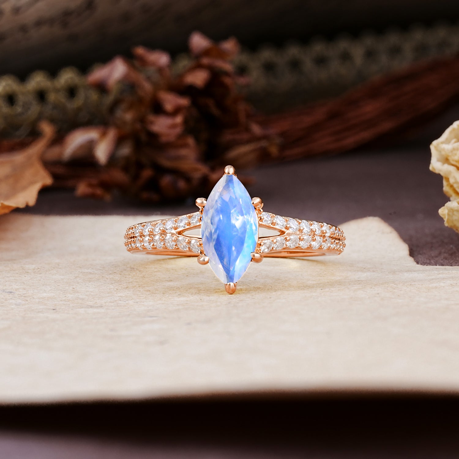 Classic, Luxurious 6-Prong Marquise Cut Moonstone Engagement Ring