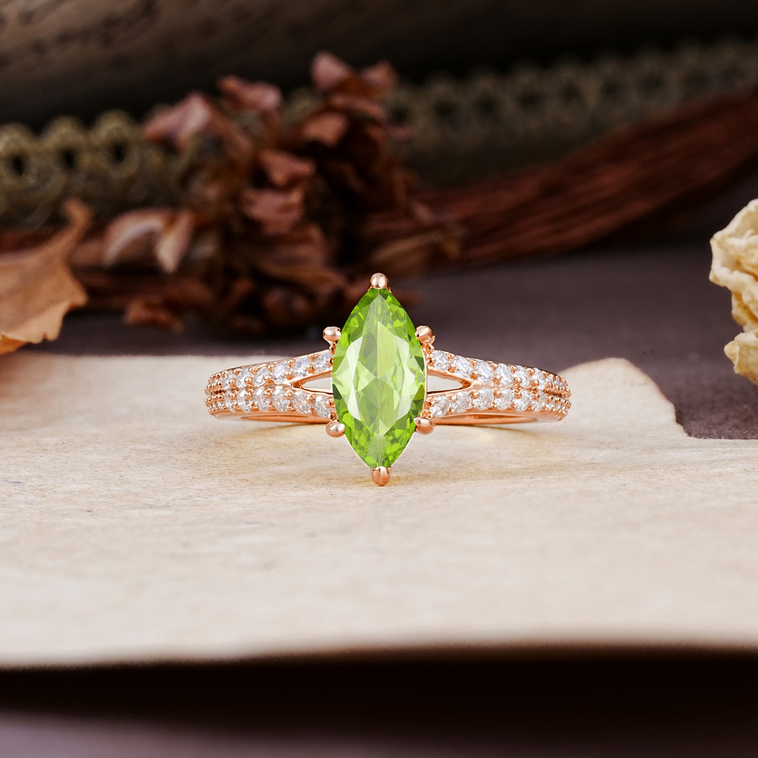 Classic, Luxurious 6-Prong Marquise Cut Peridot Engagement Ring