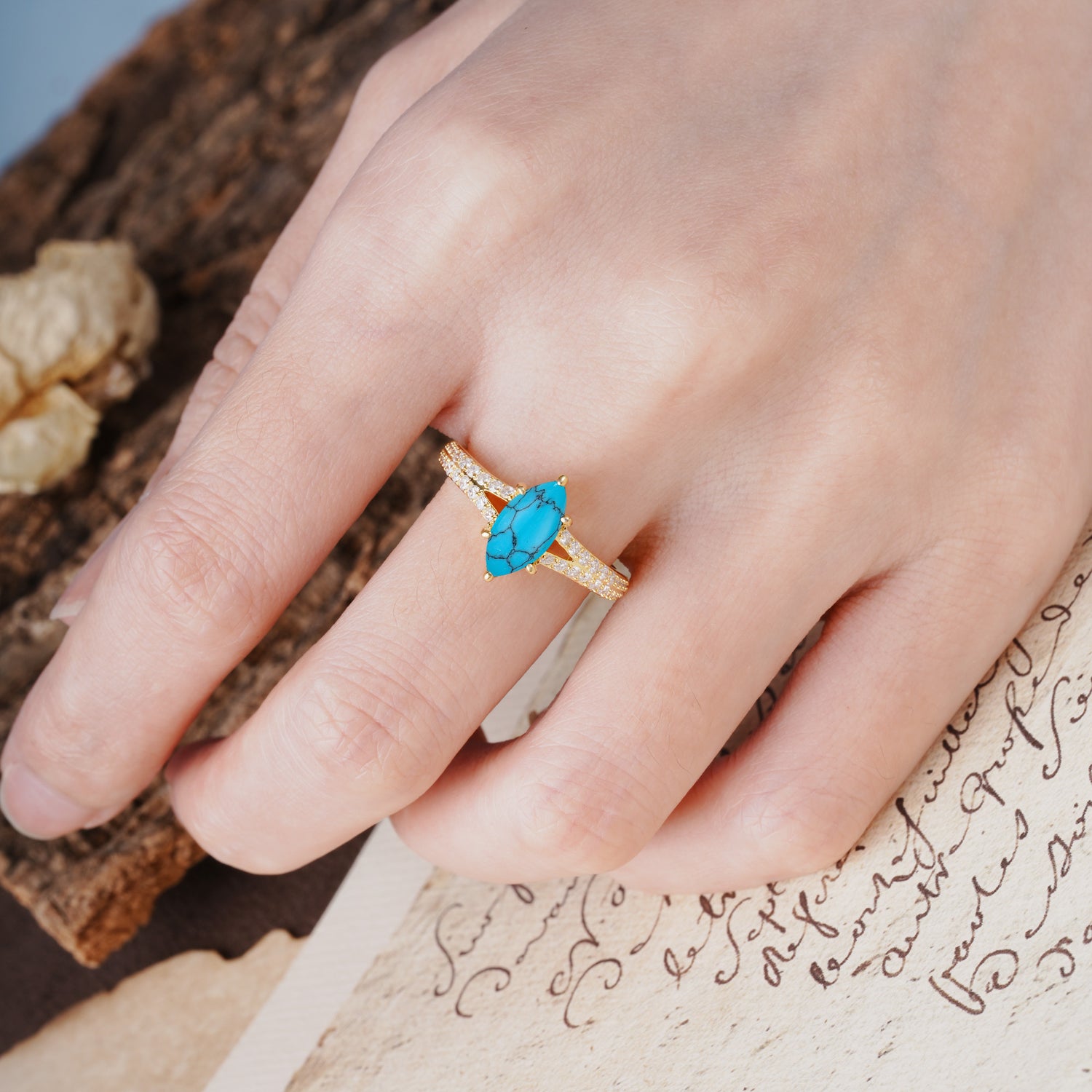 Classic, Luxurious 6-Prong Marquise Cut Turquoise Engagement Ring