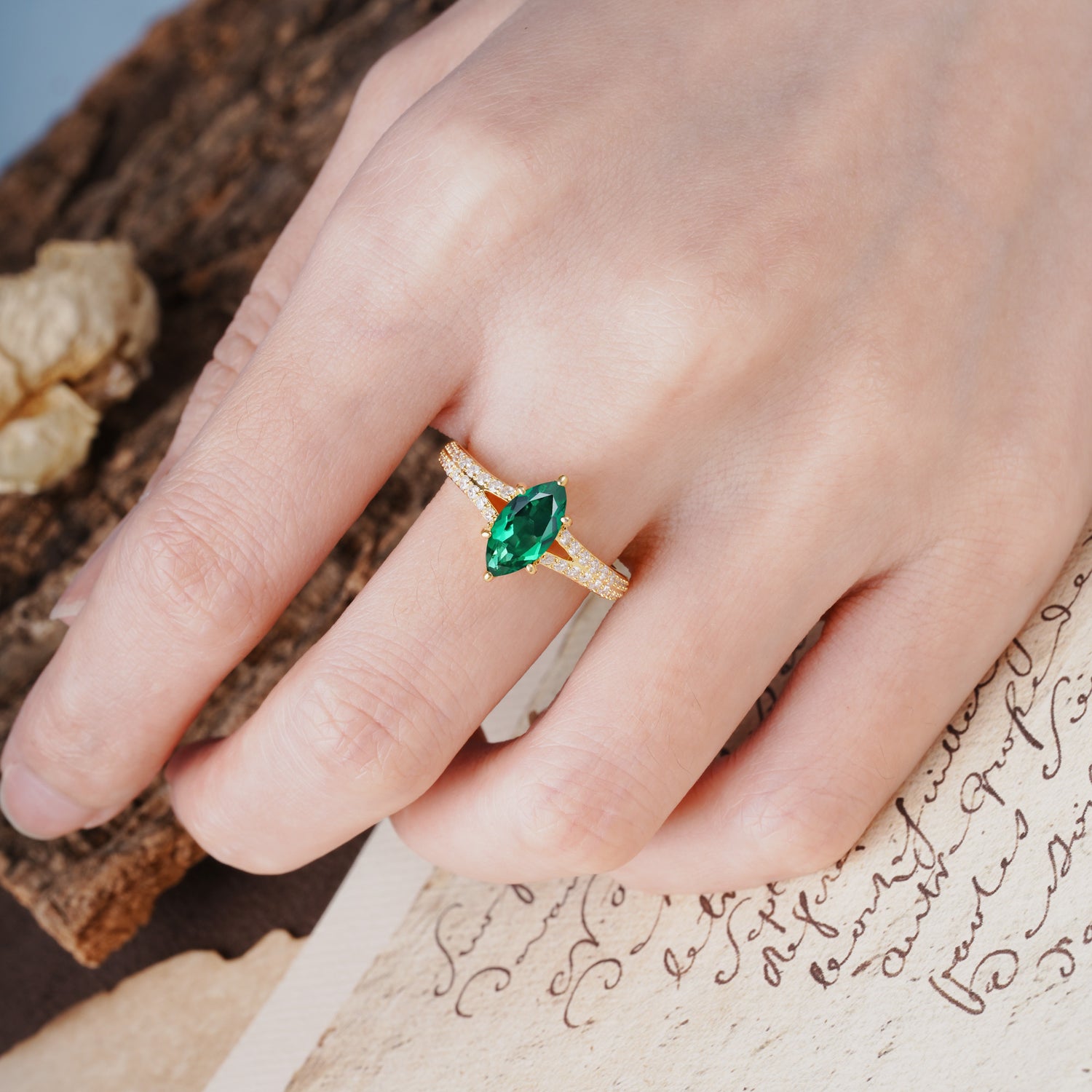 Classic, Luxurious 6-Prong Marquise Cut Emerald Engagement Ring