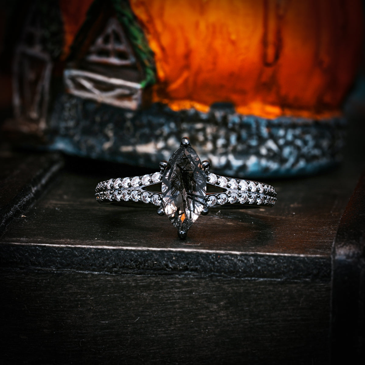 Halloween Mystery Series — Dark Gothic 6-Prong Marquise cut Engagement Ring