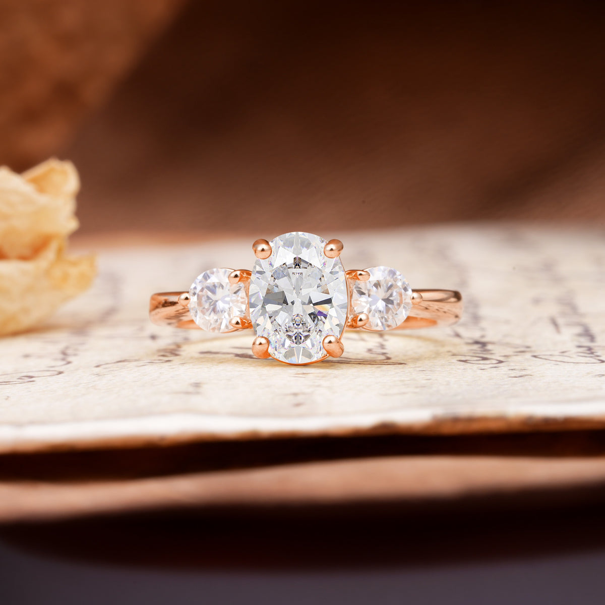 Luxurious Vintage 4-Prong Oval Cut Moissanite Three Stones Engagement Ring - Additional view