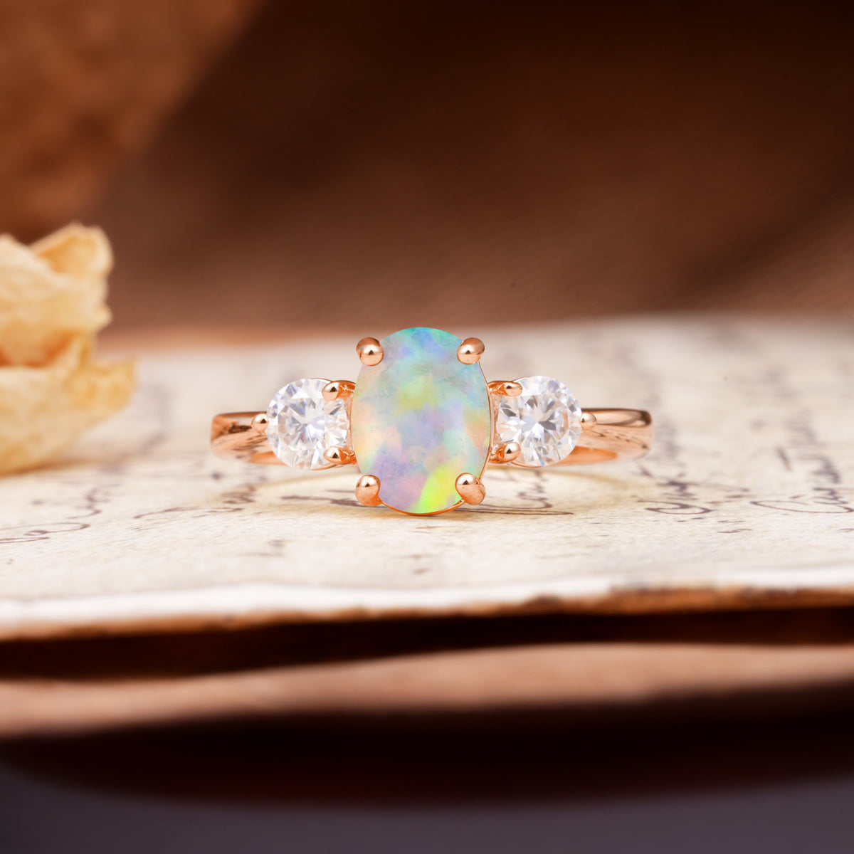 Luxurious Vintage 4-Prong Oval Cut Fire Opal Three Stones Engagement Ring - Additional view