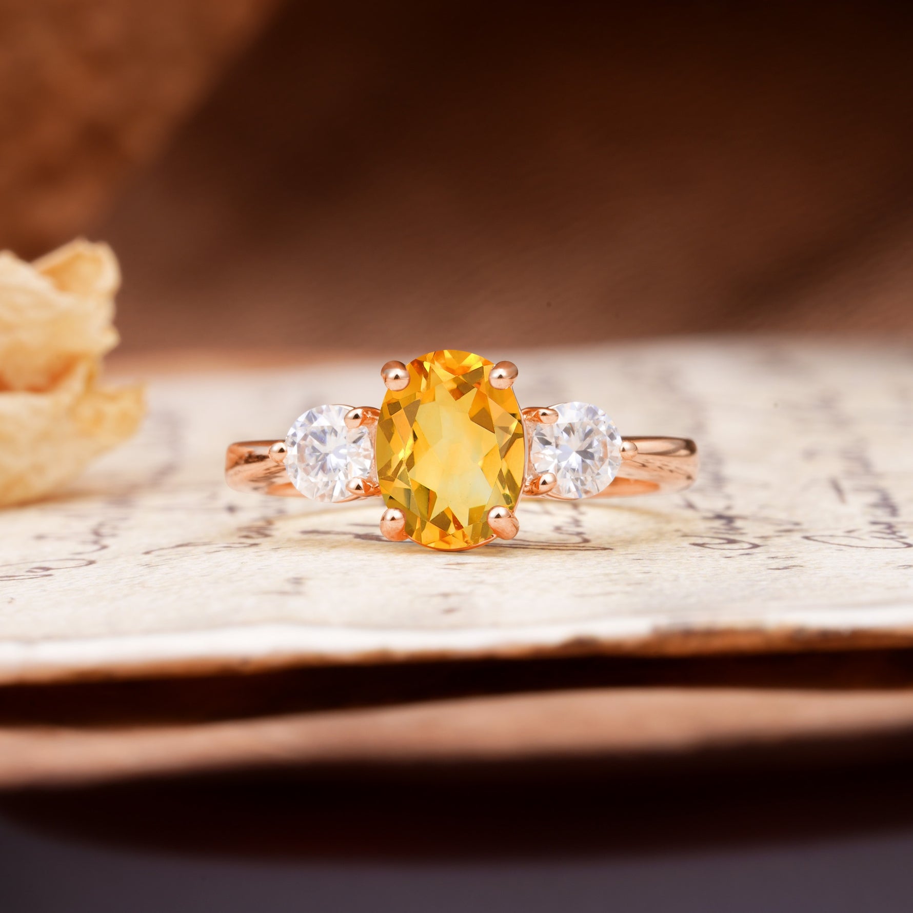 Luxurious Vintage 4-Prong Oval Cut Citrine Three Stones Engagement Ring - Additional view