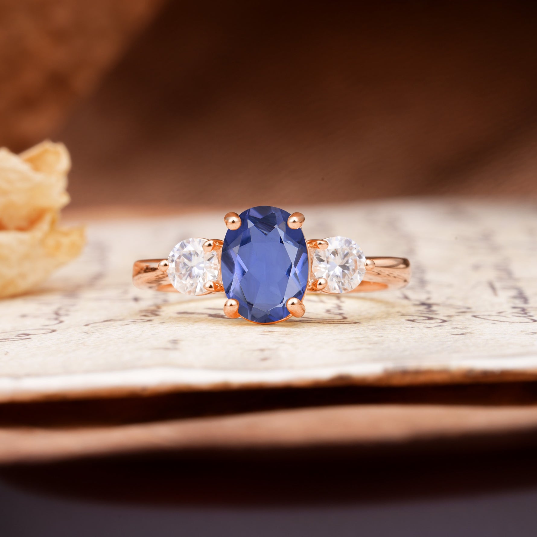 Luxurious Vintage 4-Prong Oval Cut Tanzanite Three Stones Engagement Ring - Additional view