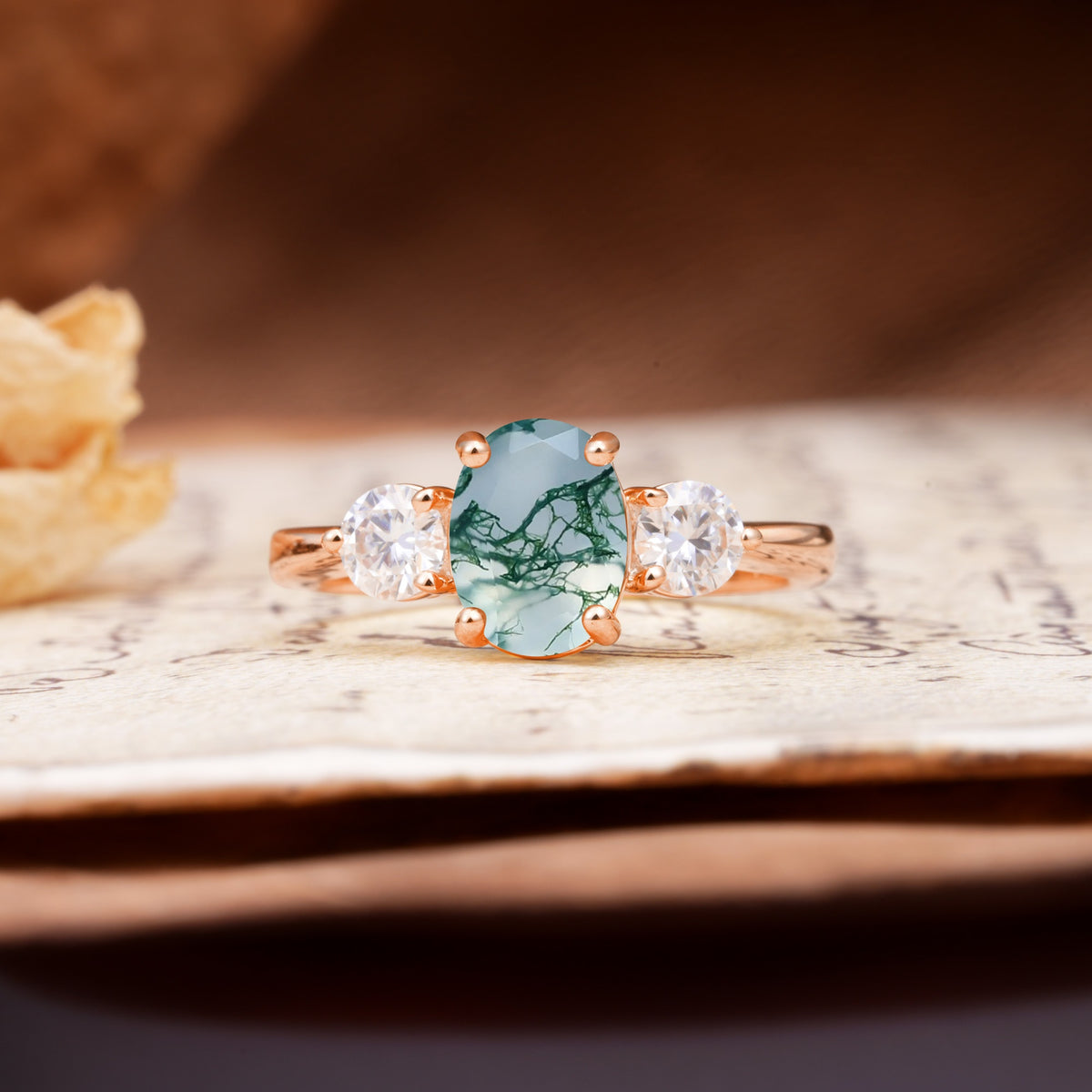 Luxurious Vintage 4-Prong Oval Cut Moss Agate Three Stones Engagement Ring - Additional view