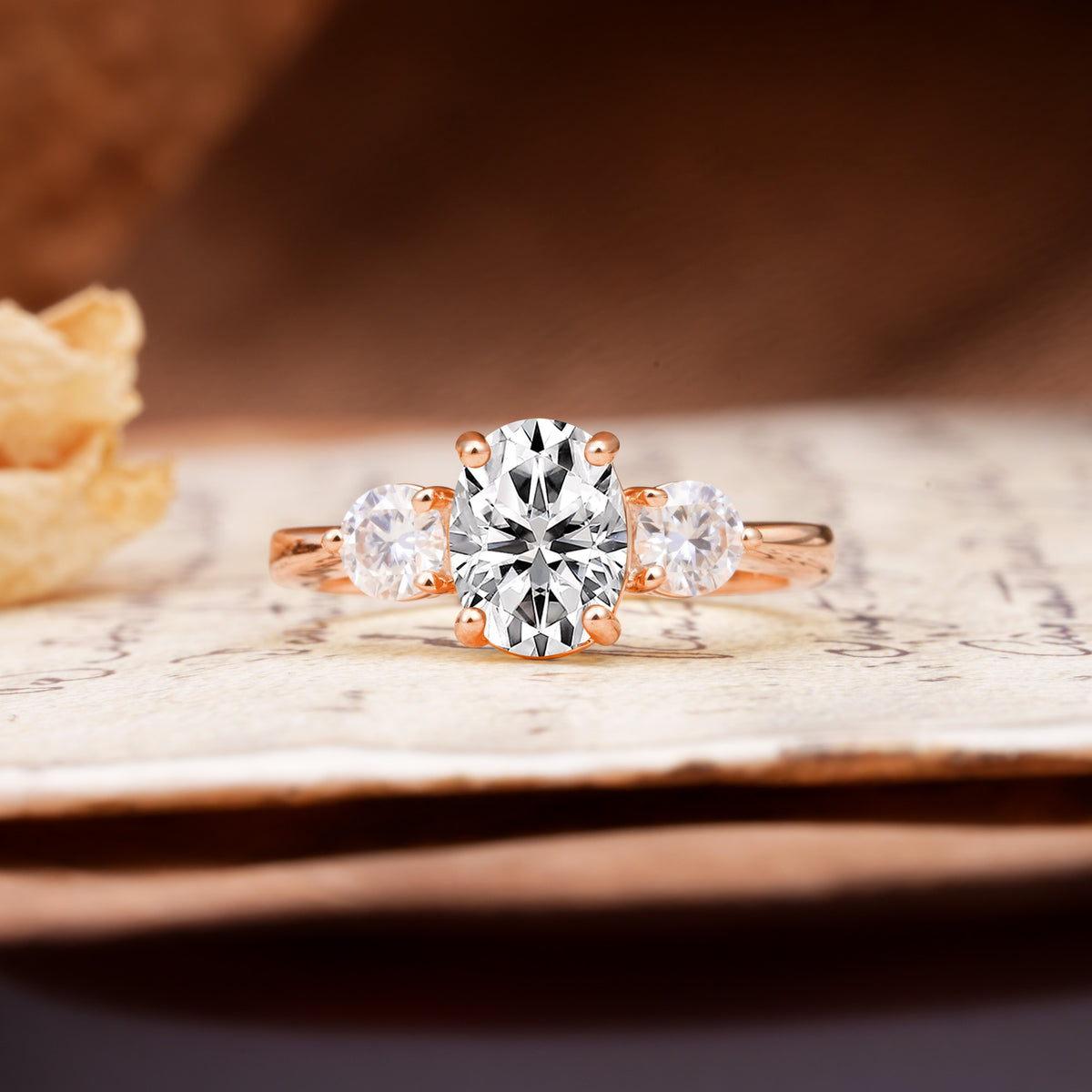 Luxurious Vintage 4-Prong Oval Cut Lab Diamond Three Stones Engagement Ring - Additional view