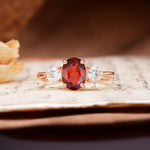 Luxurious Vintage 4-Prong Oval Cut Garnet Three Stones Engagement Ring - Additional view
