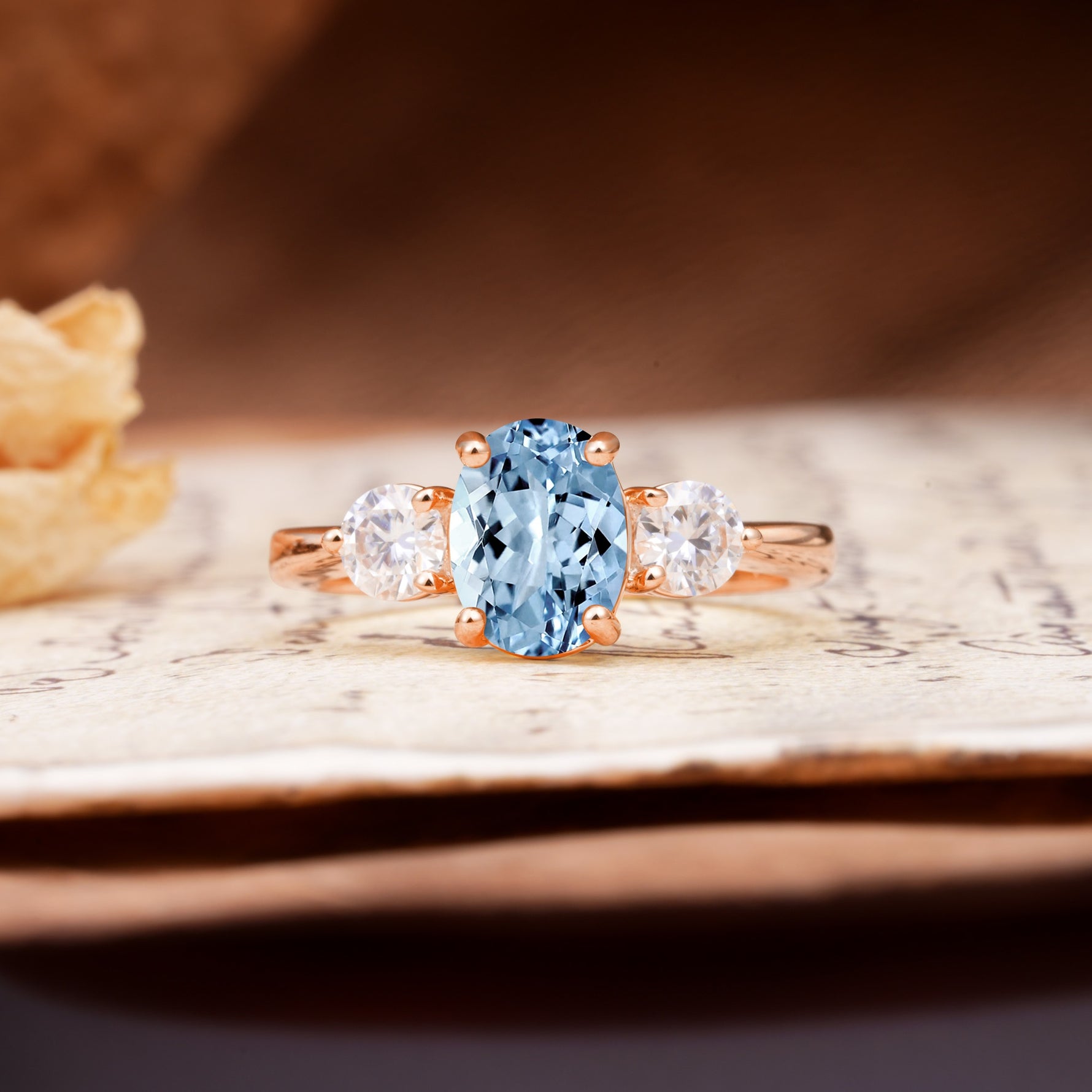 Luxurious Vintage 4-Prong Oval Cut Aquamarine Three Stones Engagement Ring - Additional view