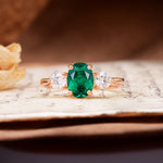 Luxurious Vintage 4-Prong Oval Cut Emerald Three Stones Engagement Ring - Additional view