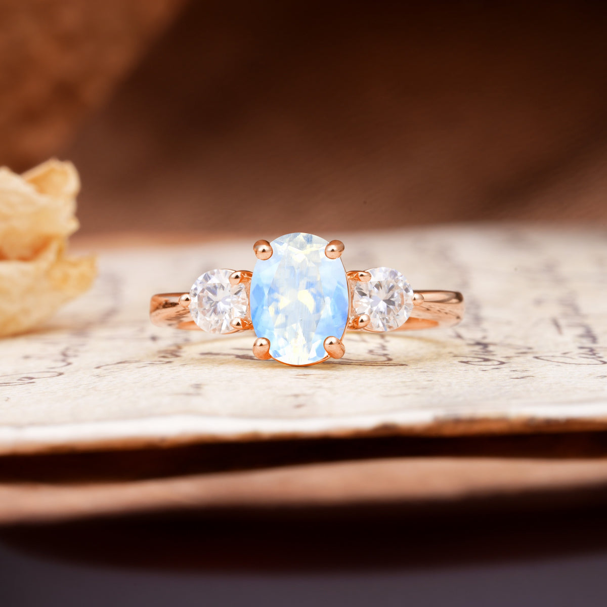 Luxurious Vintage 4-Prong Oval Cut Moonstone Three Stones Engagement Ring - Additional view