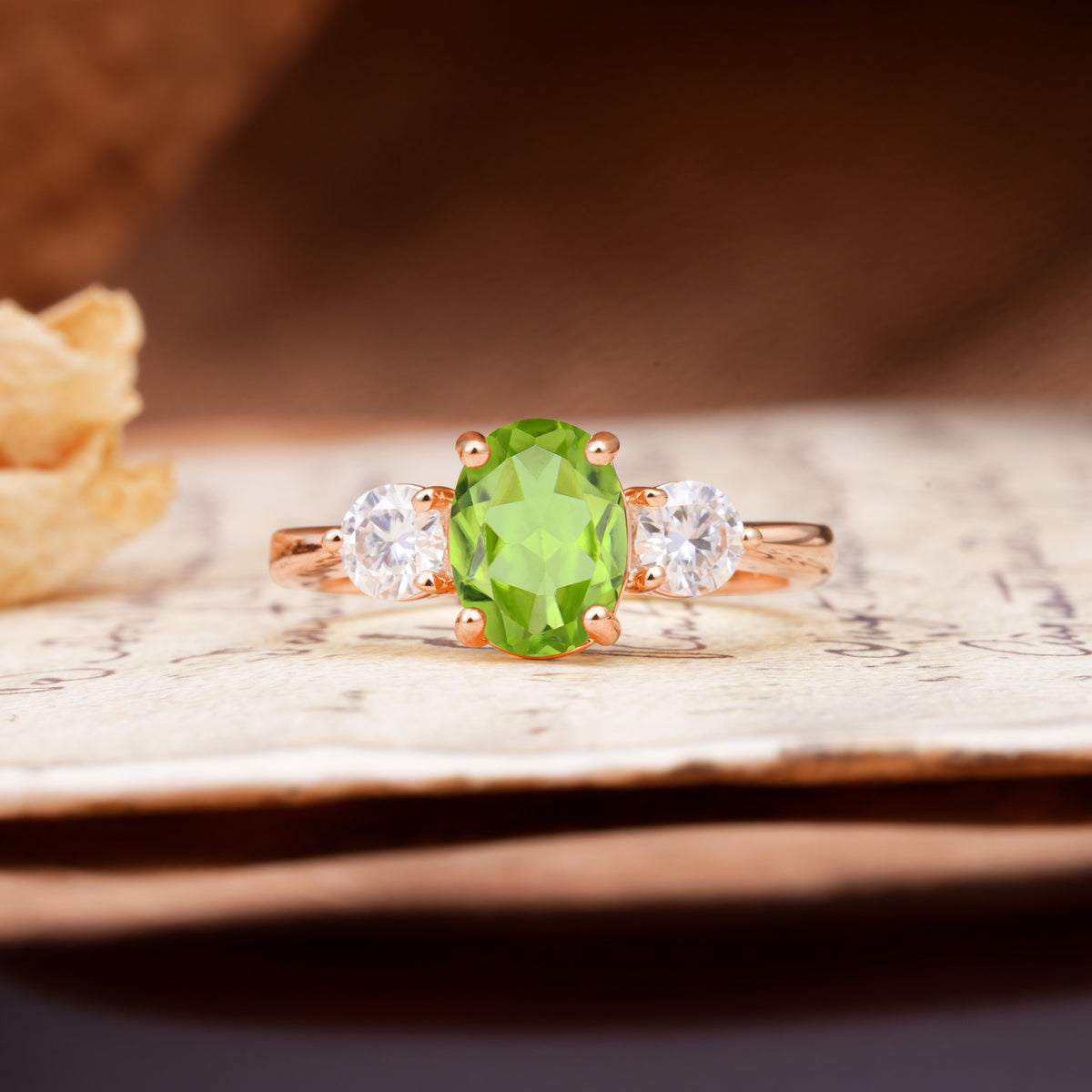 Luxurious Vintage 4-Prong Oval Cut Peridot Three Stones Engagement Ring - Additional view