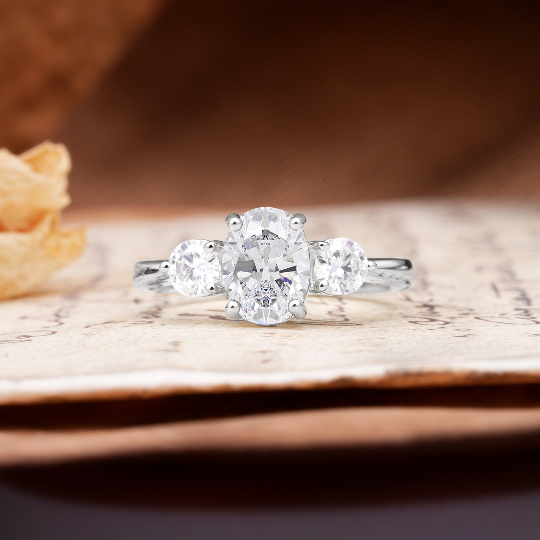 Luxurious Vintage 4-Prong Oval Cut Moissanite Three Stones Engagement Ring - Additional view