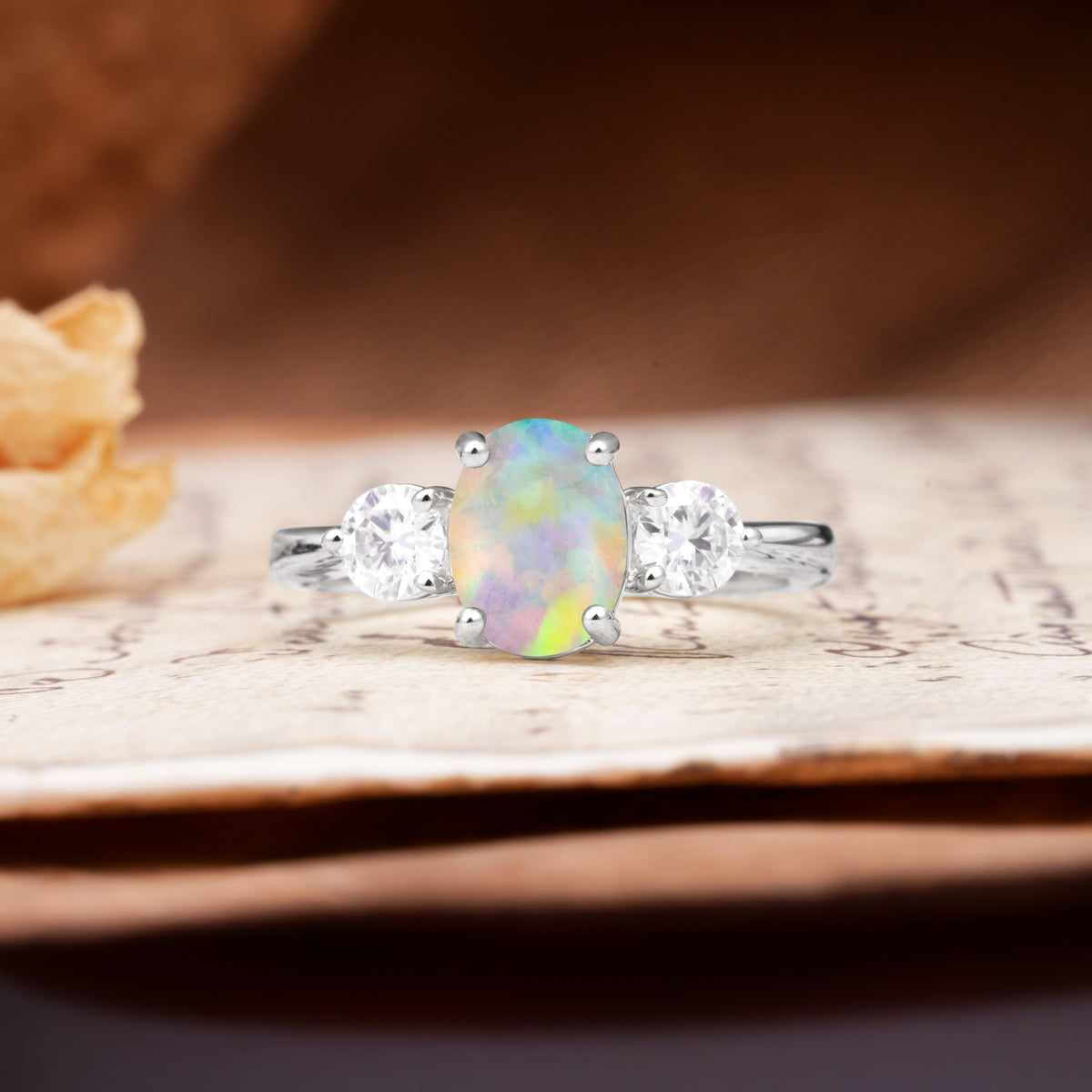 Luxurious Vintage 4-Prong Oval Cut Fire Opal Three Stones Engagement Ring - Additional view