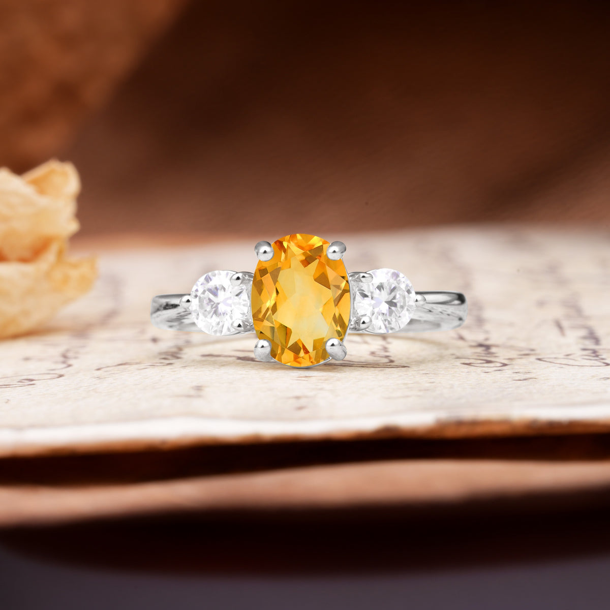 Luxurious Vintage 4-Prong Oval Cut Citrine Three Stones Engagement Ring - Additional view