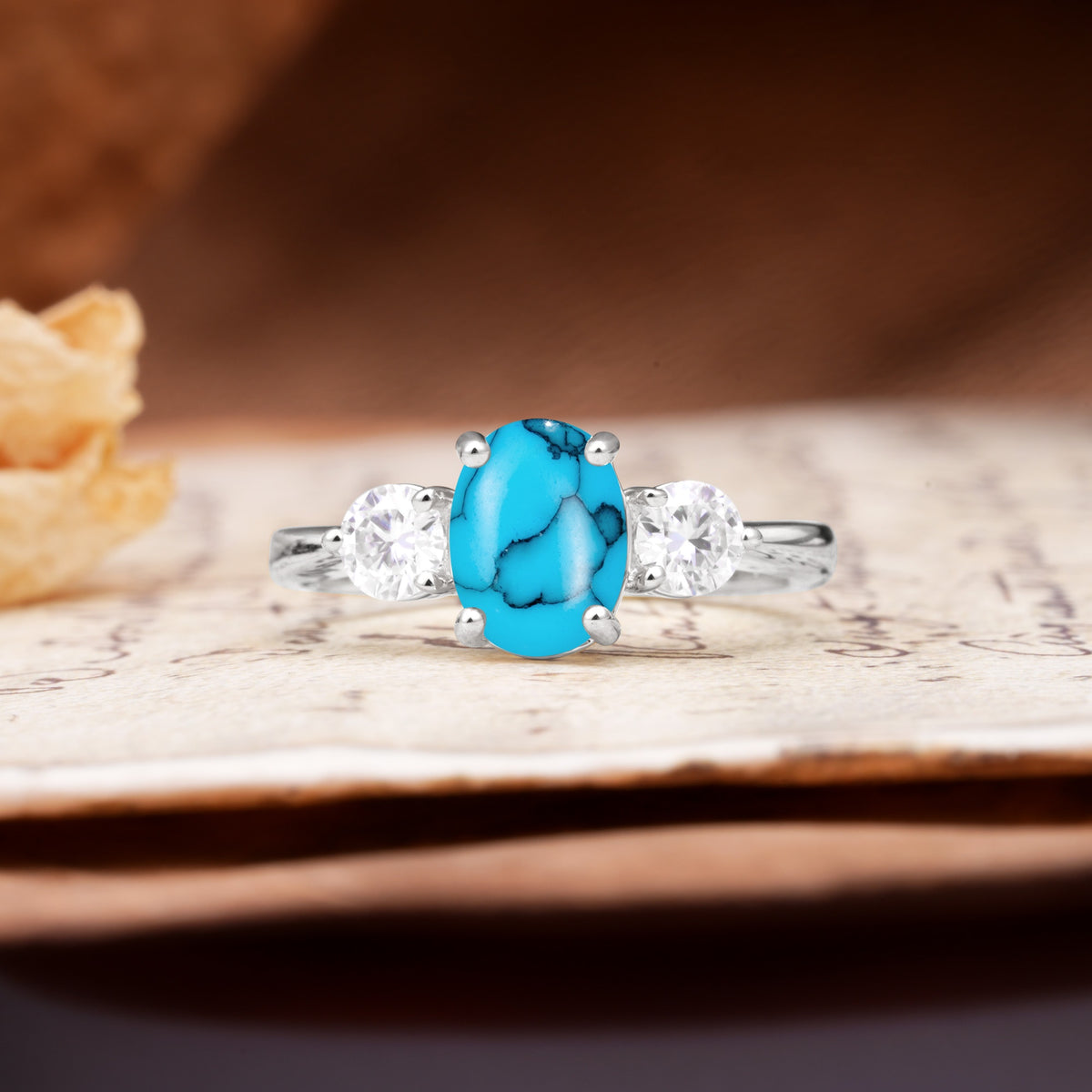 Luxurious Vintage 4-Prong Oval Cut Turquoise Three Stones Engagement Ring - Additional view