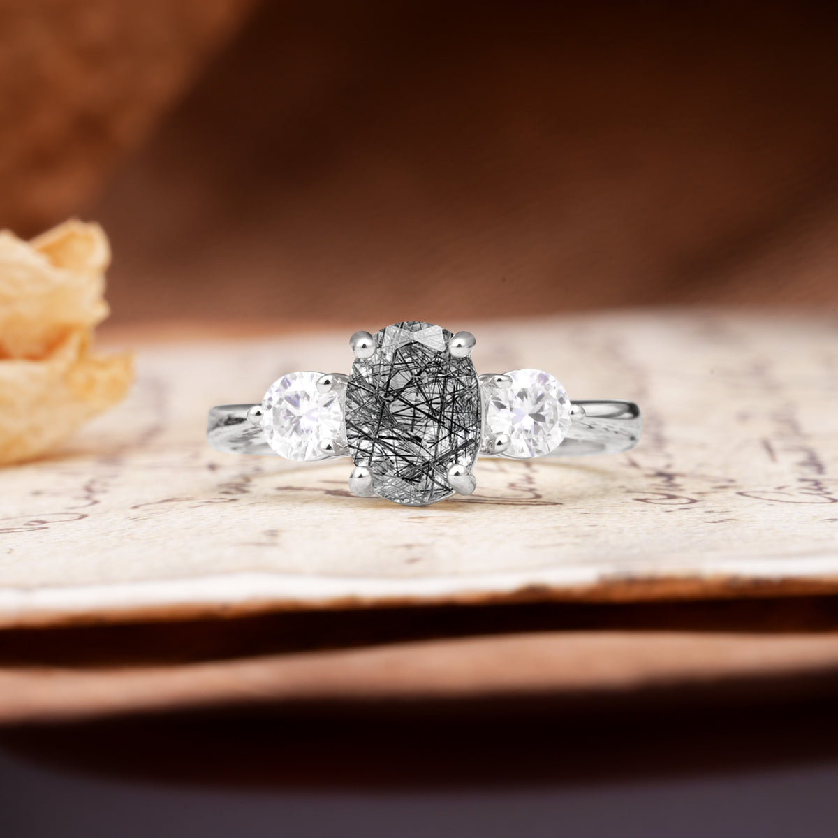 Luxurious Vintage 4-Prong Oval Cut Black Rutilated Quartz Three Stones Engagement Ring - Additional view