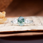 Luxurious Vintage 4-Prong Oval Cut Moss Agate Three Stones Engagement Ring - Additional view