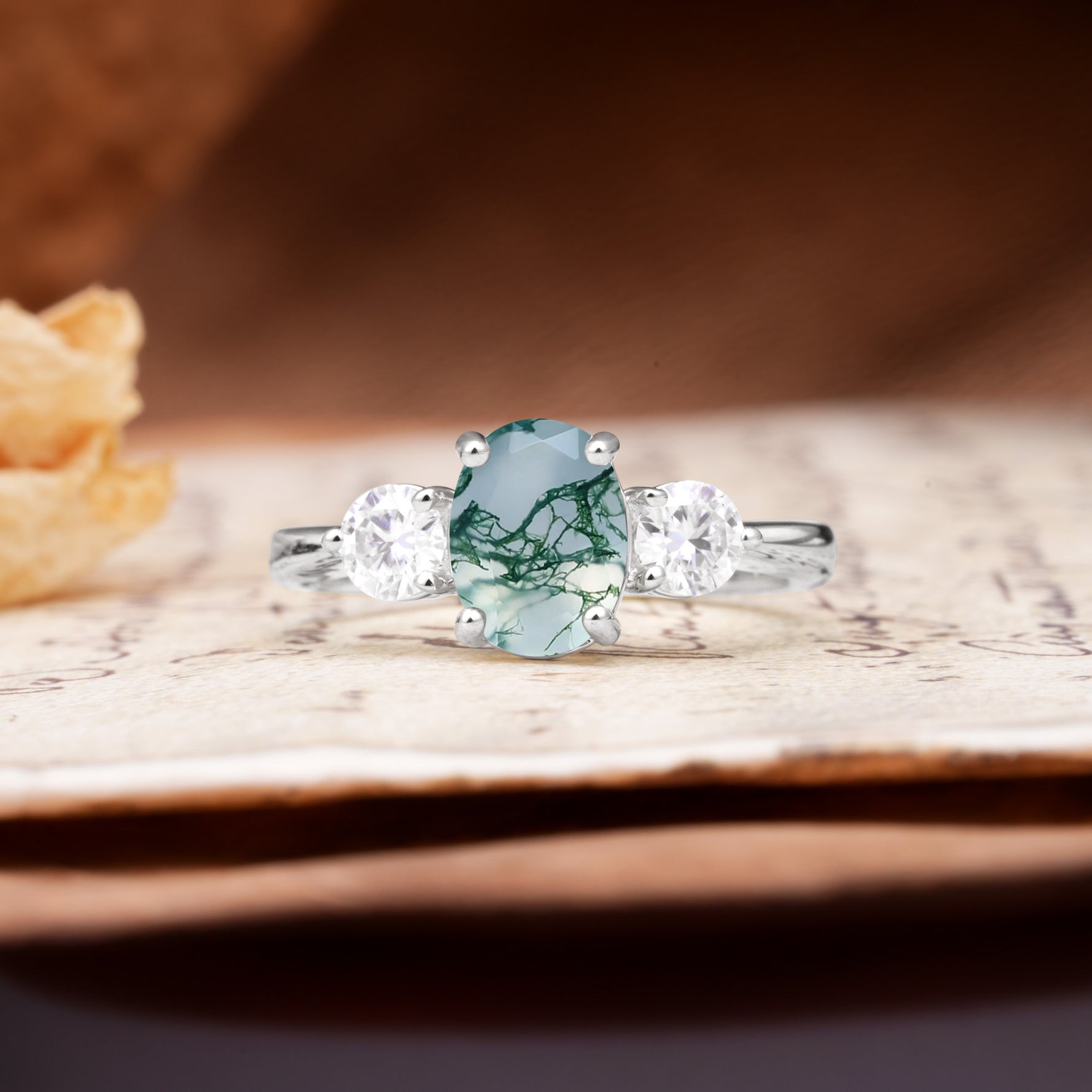Luxurious Vintage 4-Prong Oval Cut Moss Agate Three Stones Engagement Ring - Additional view